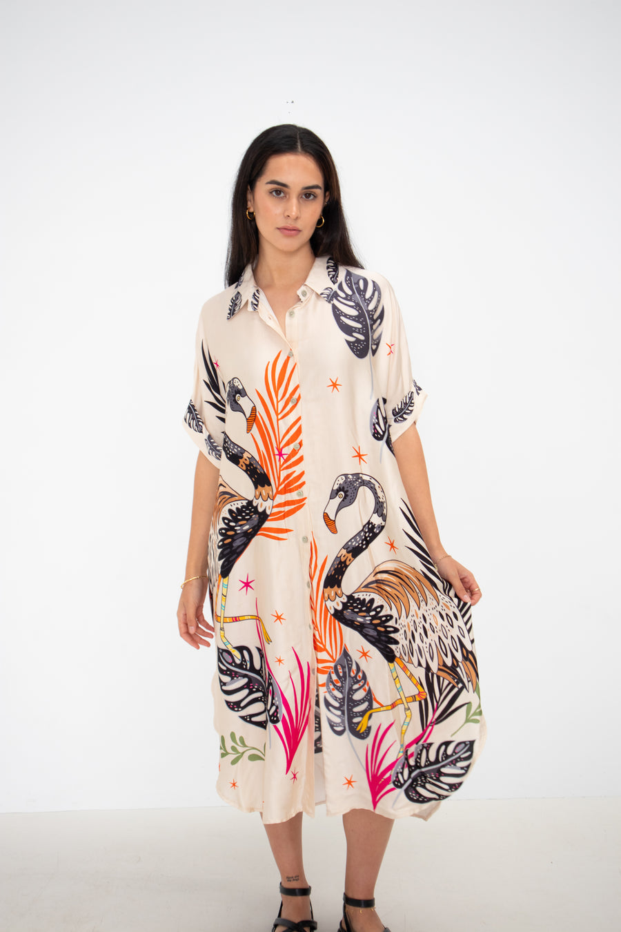 Cream Flamingo Printed Belgium Silk Tunic