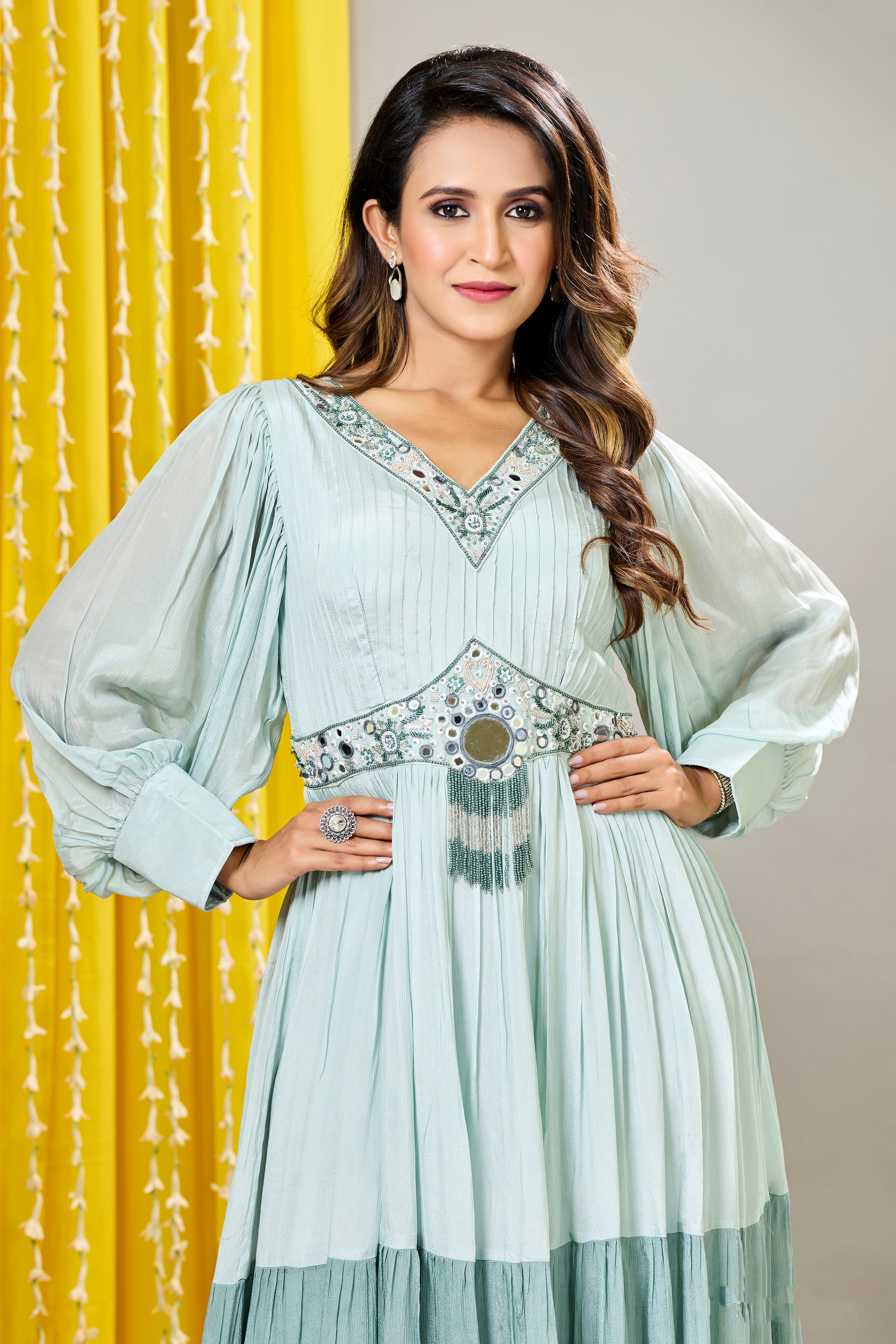 Light Turquoise Embellished Premium Chinon Silk Gown