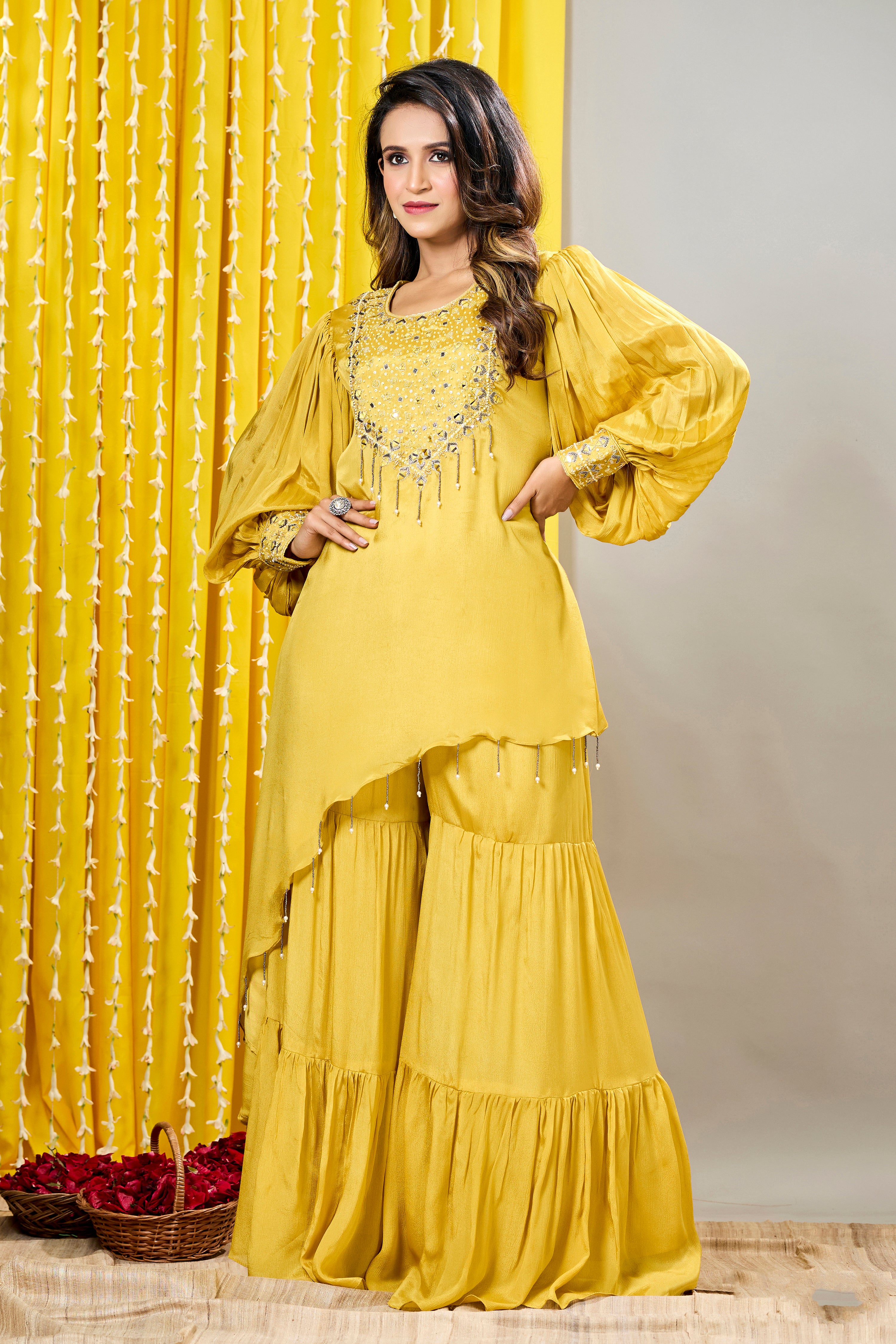 Yellow Embellished Chinon Silk Tunic & Sharara Set