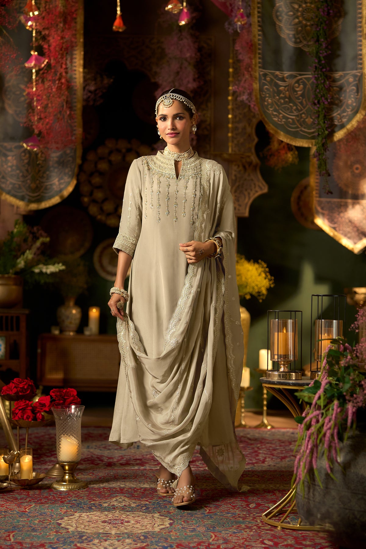 Champagne Beige Embellished Chinon Silk Anarkali Set