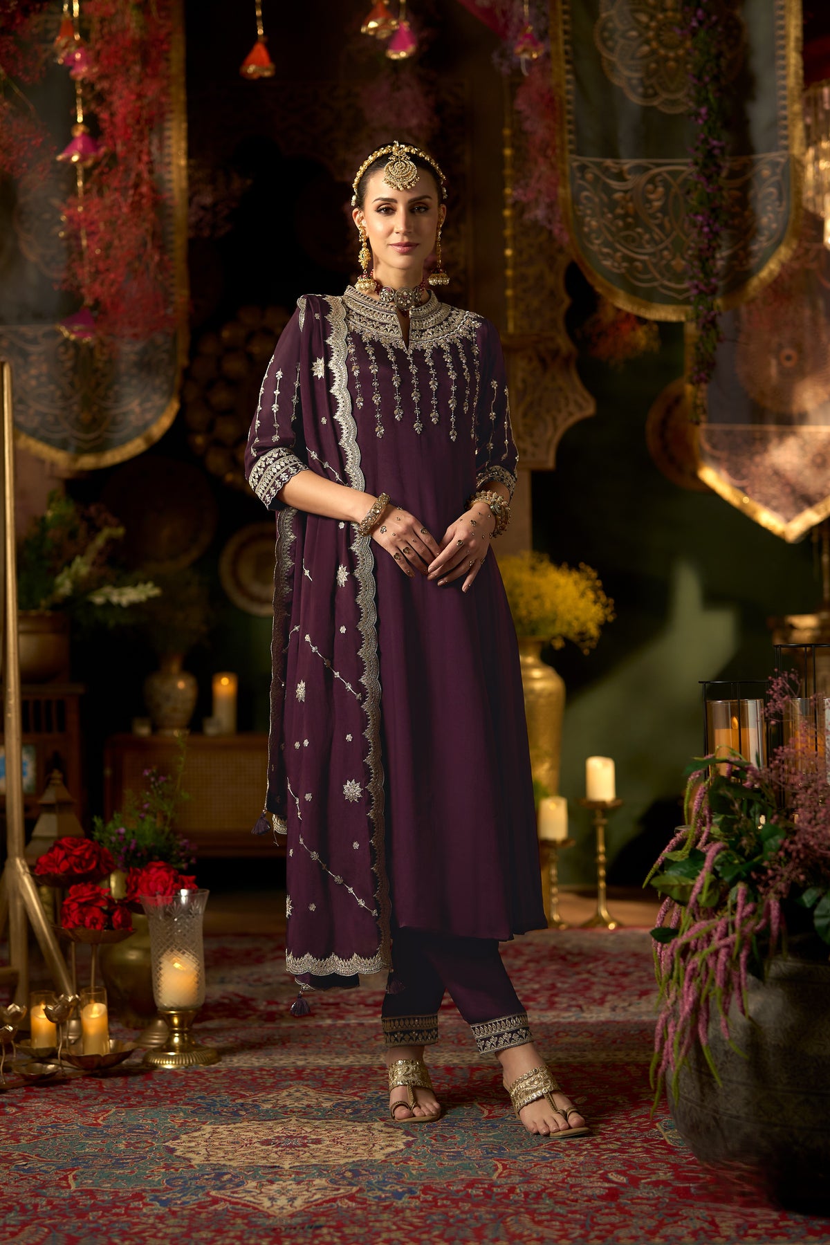 Deep Wine Embellished Chinon Silk Anarkali Set