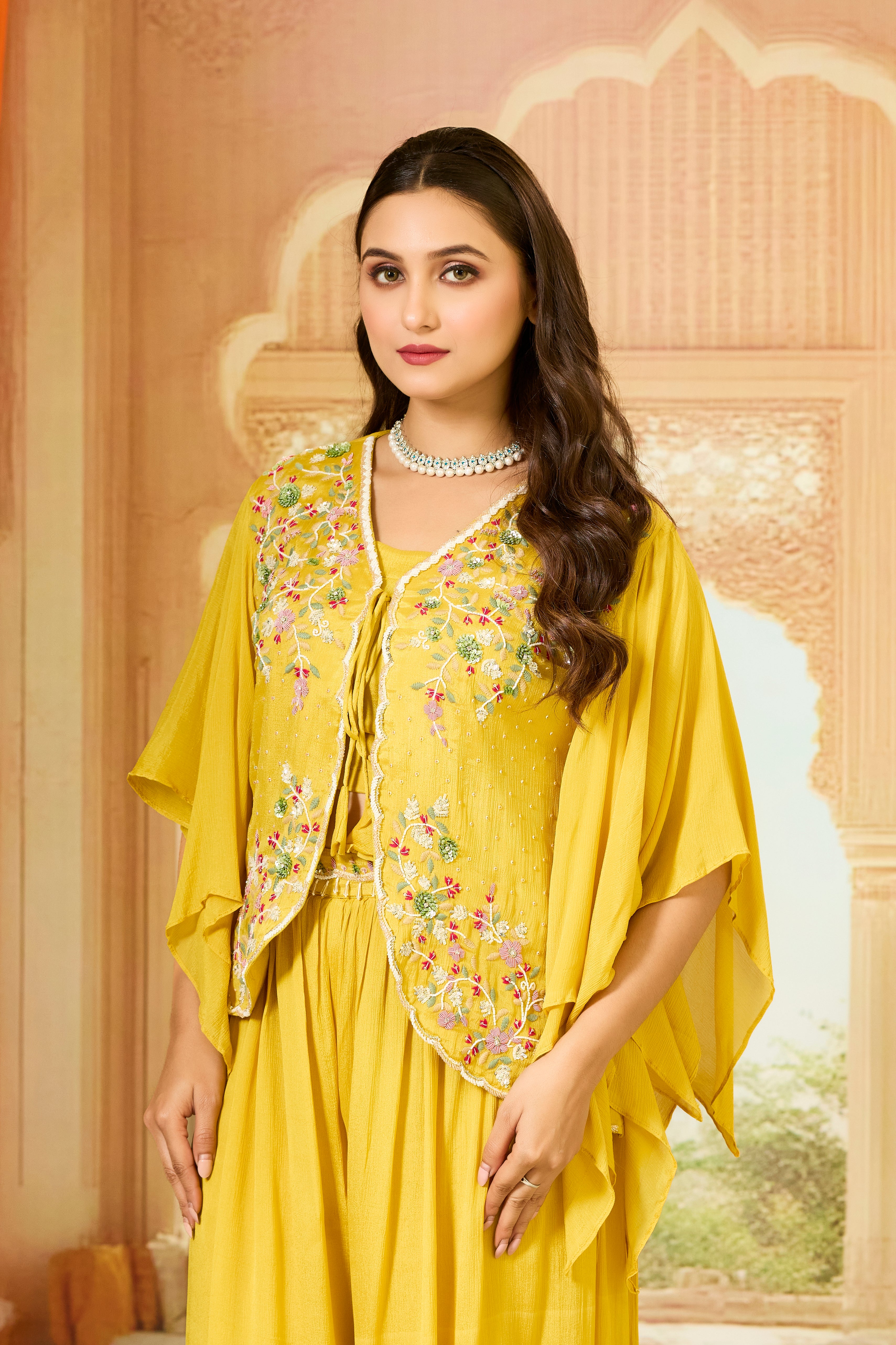 Yellow Embellished Chinon Silk Palazzo Set