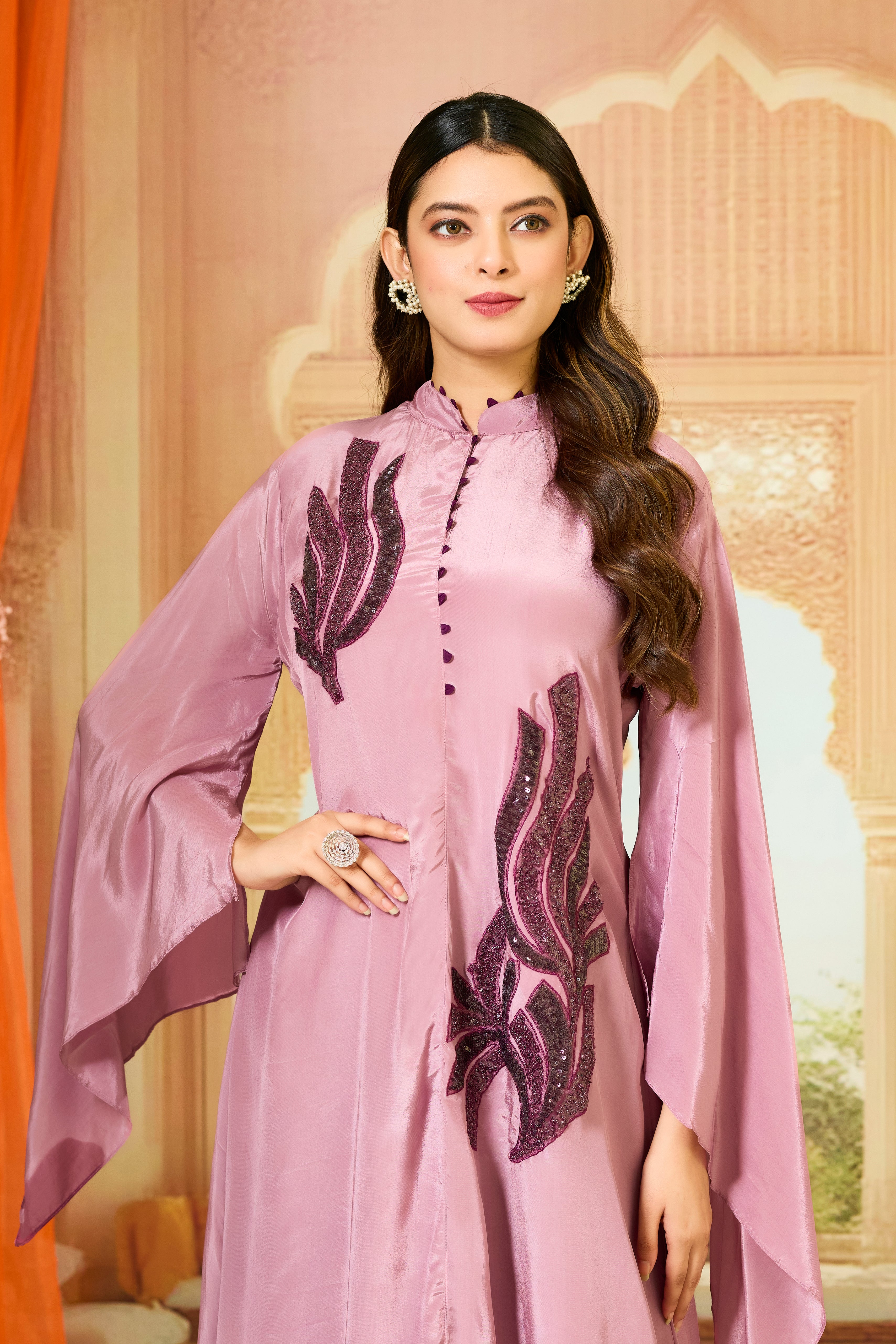 Pink Embellished Crepe Silk Dress
