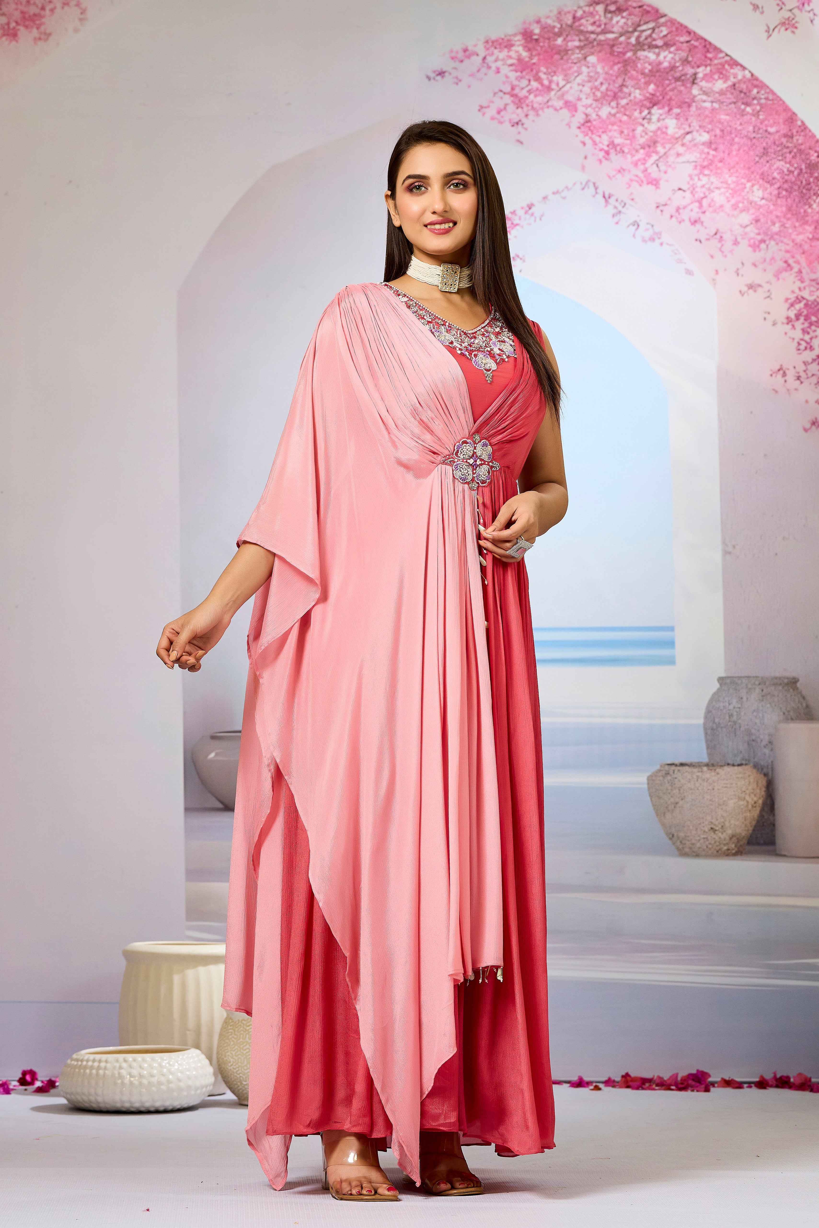 Red Embellished Chinon Silk Gown