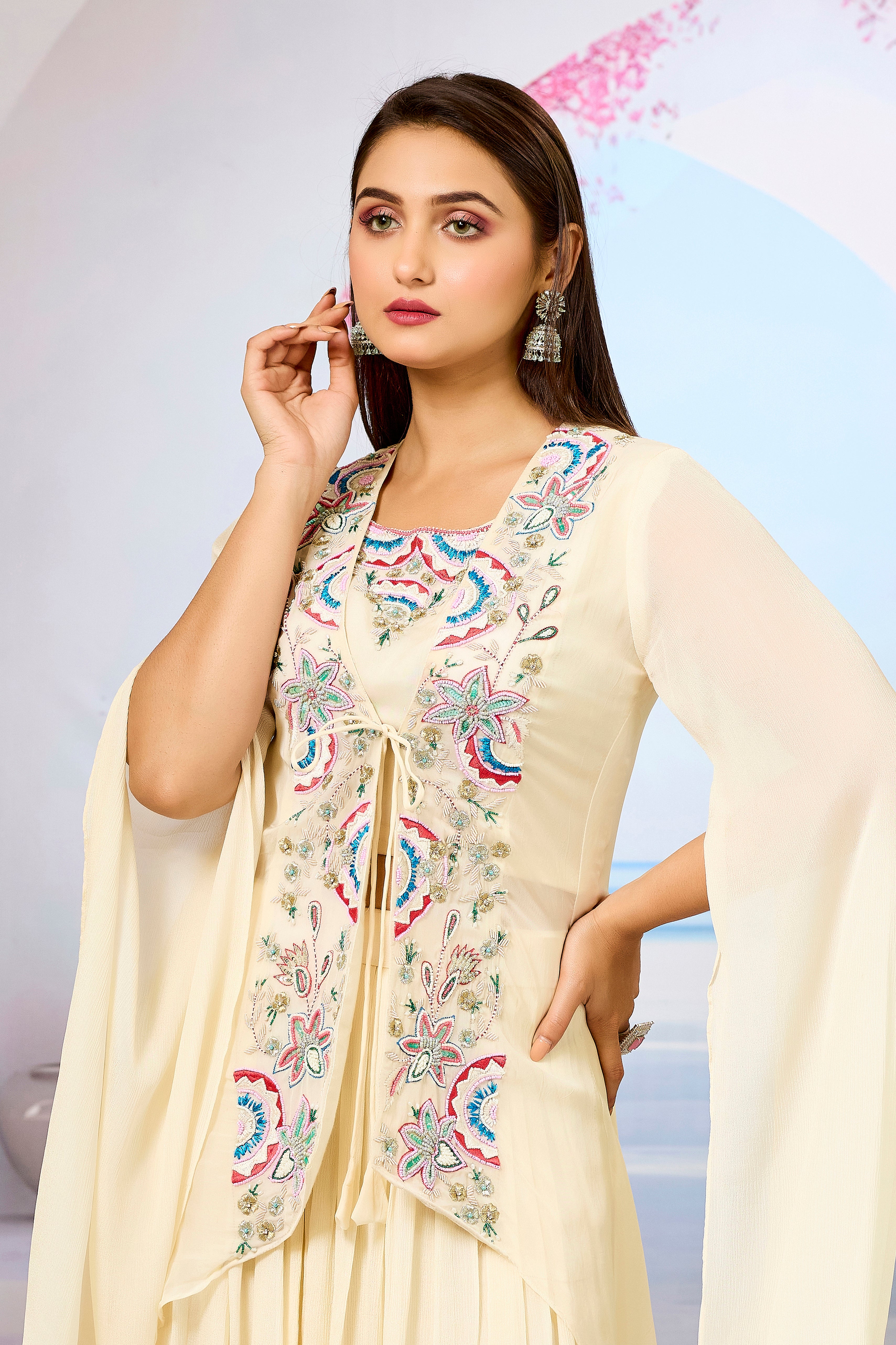 Cream Embellished Organza Silk Cape Set