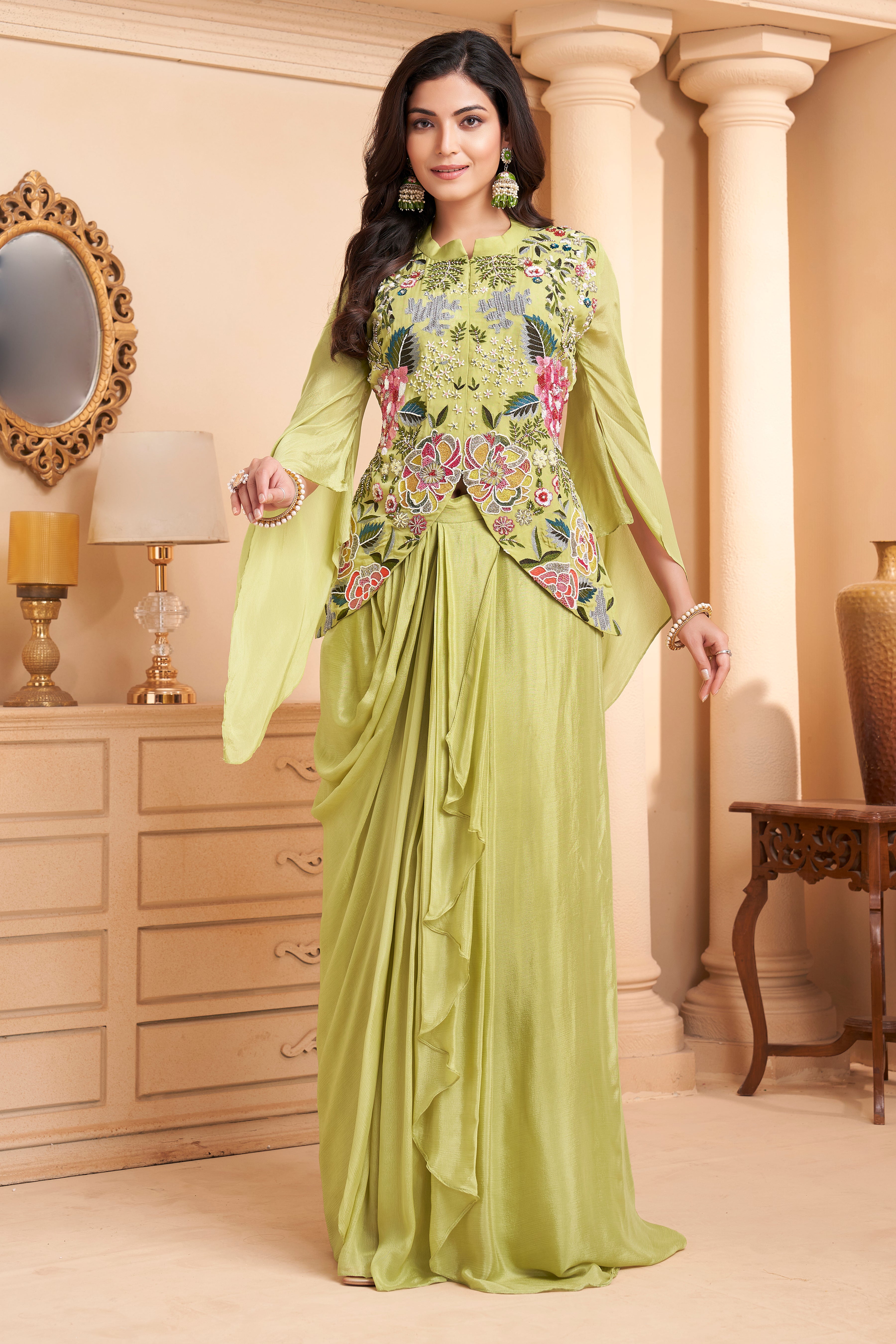 Pastel Lime Green Embellished Chinon Silk Skirt Set