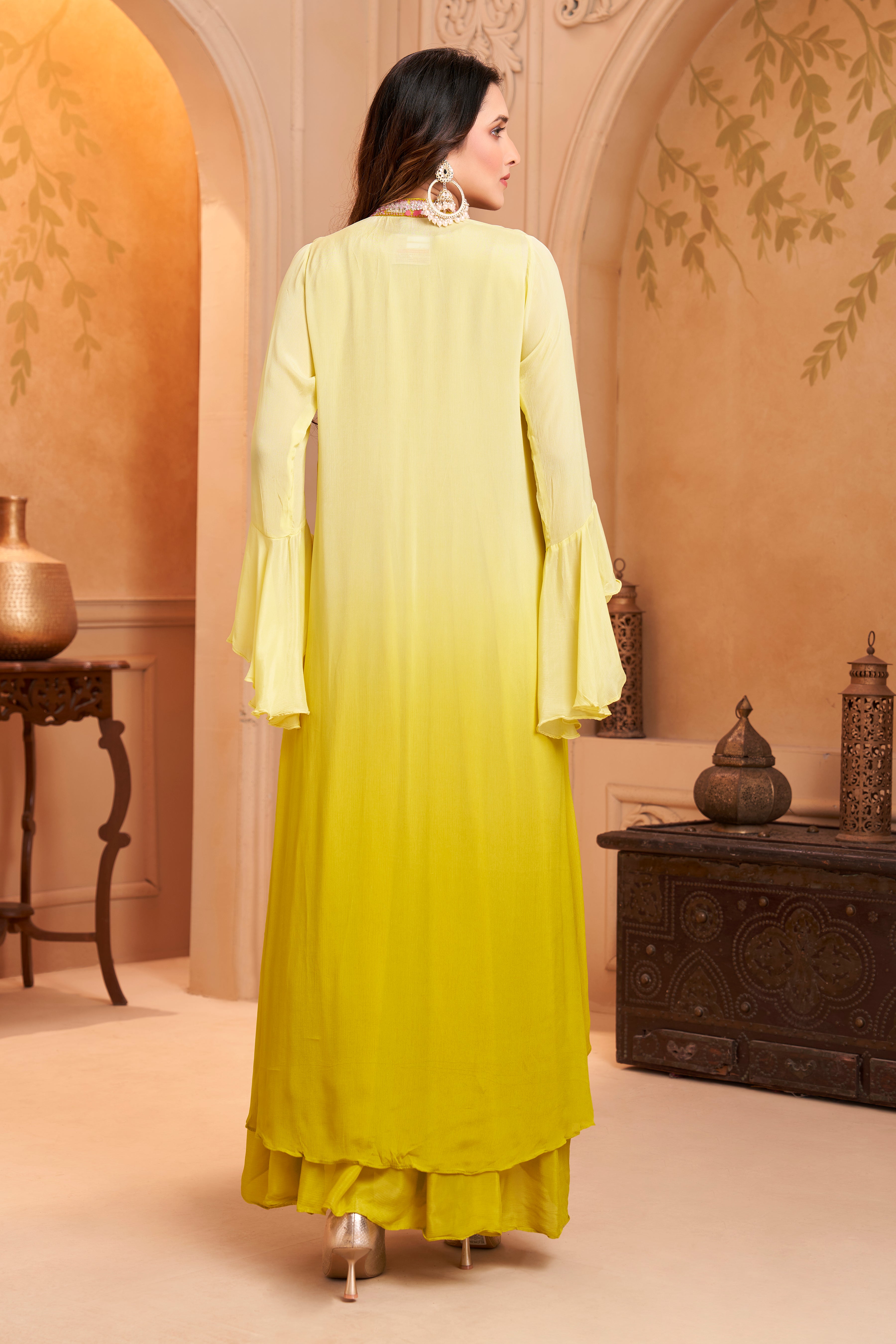Lime Yellow Ombre Embellished Chinon Silk Dress