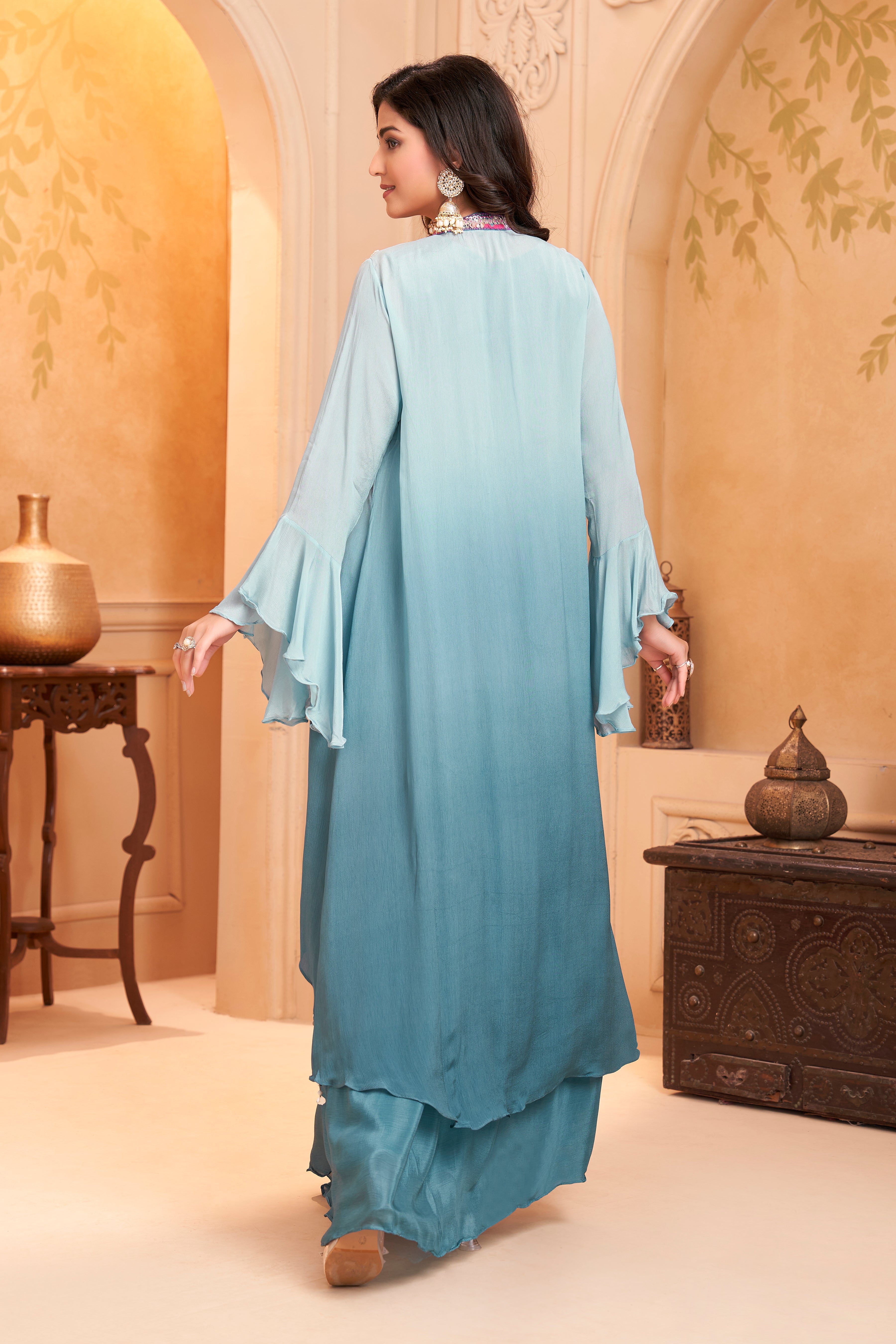 Dusty Blue Ombre Embellished Chinon Silk Dress