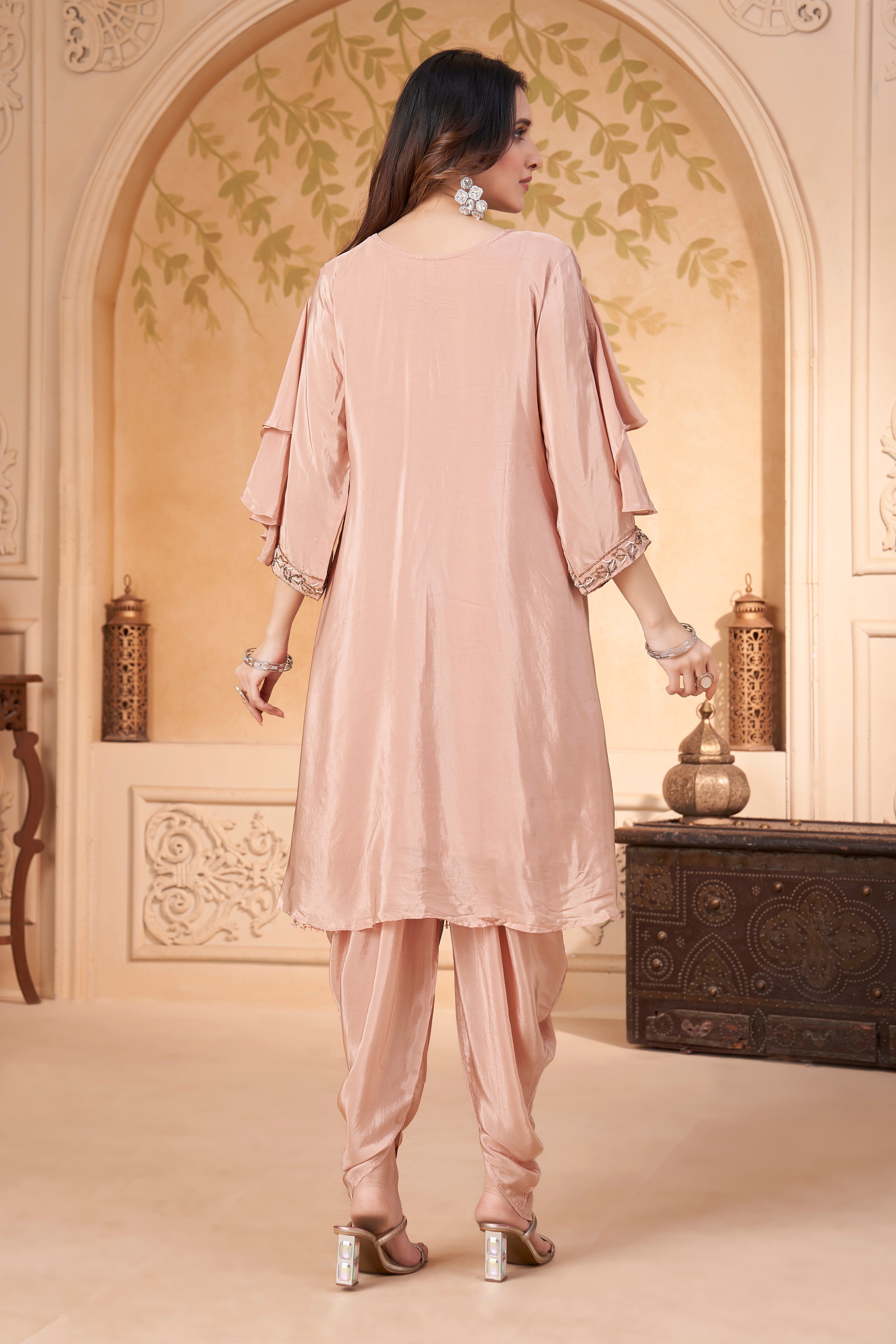 Nude Pink Embellished Crepe Silk Dhoti Set