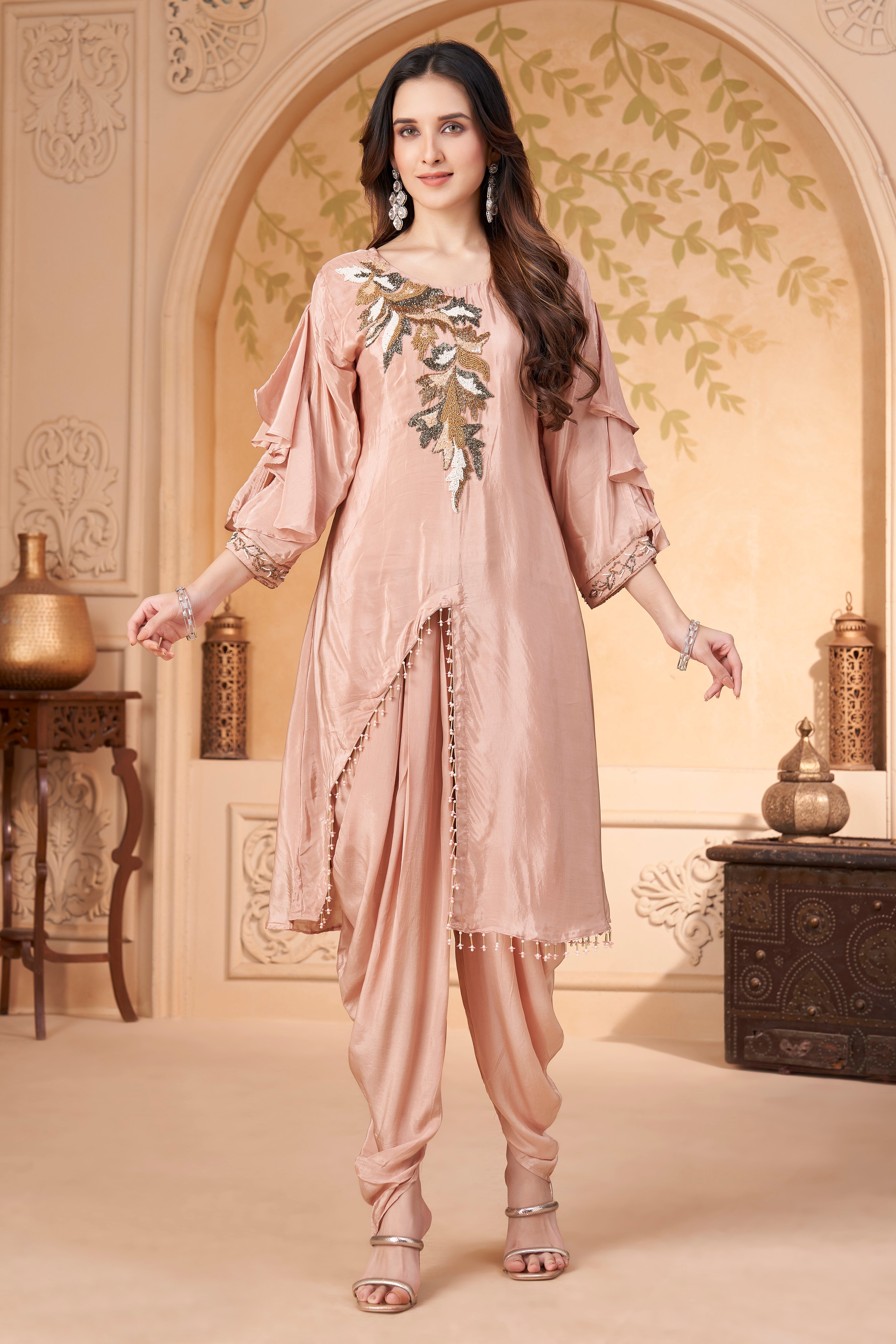 Nude Pink Embellished Crepe Silk Dhoti Set