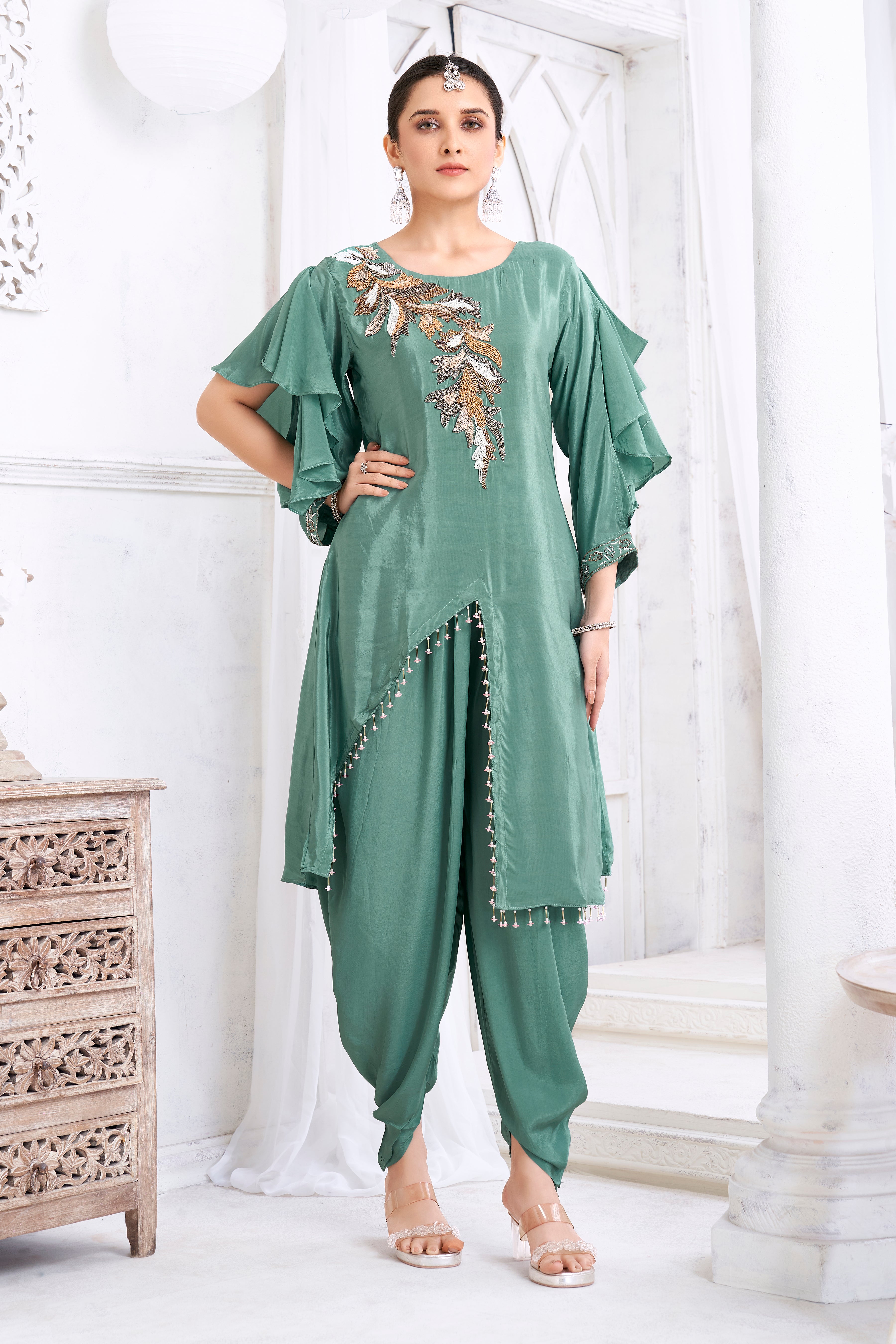 Sage Green Embellished Crepe Silk Dhoti Set