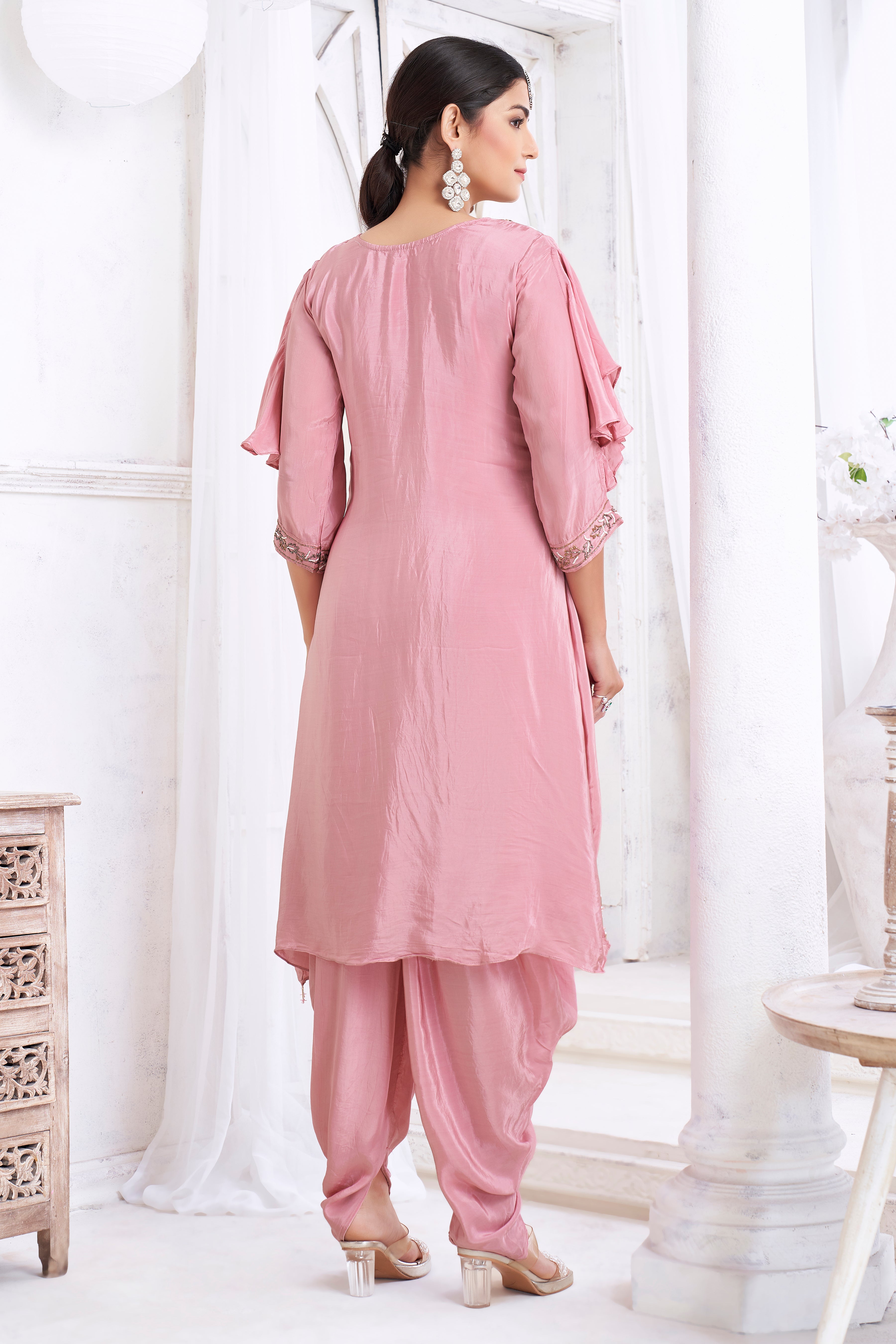 Dusty Rose Embellished Crepe Silk Dhoti Set