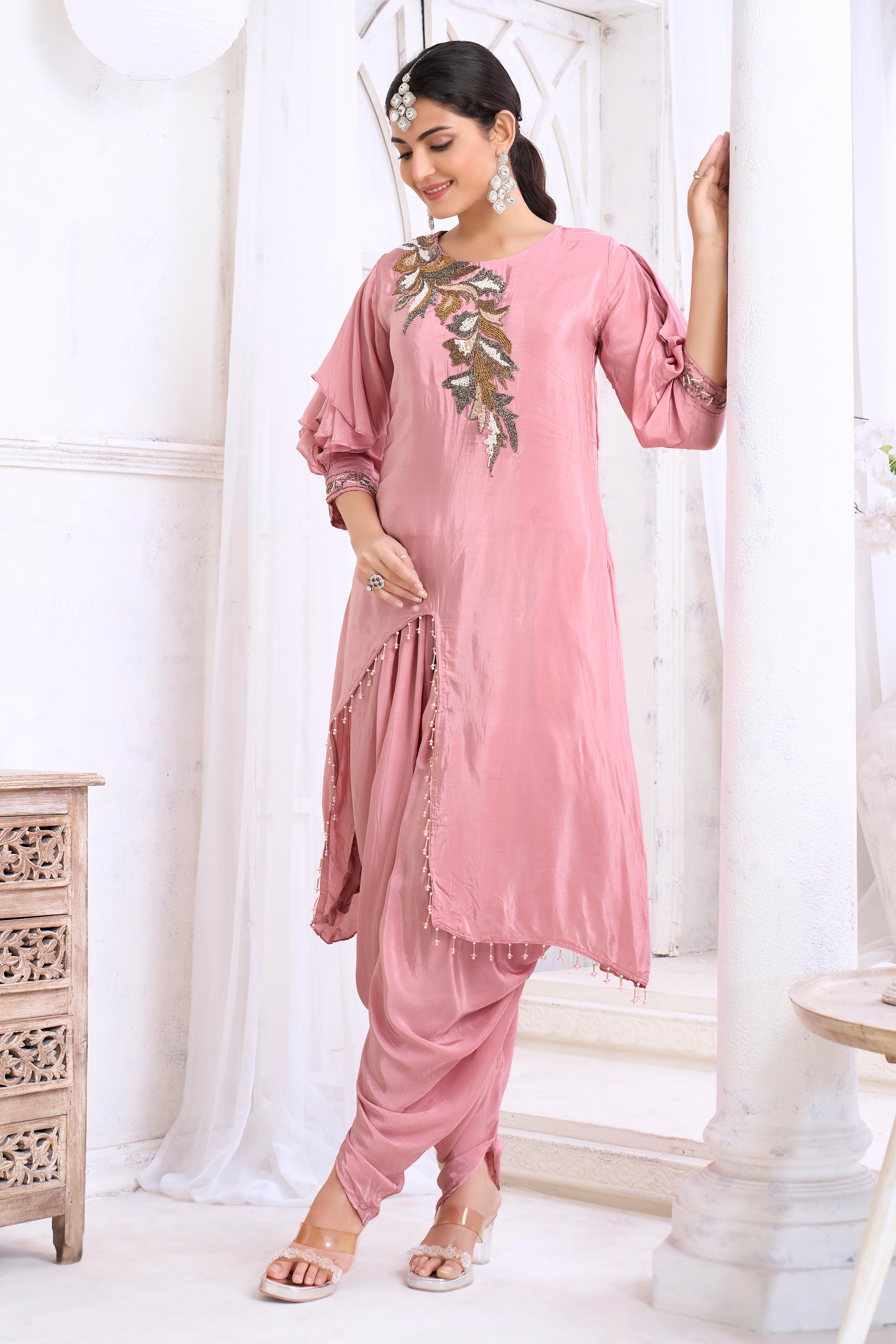 Dusty Rose Embellished Crepe Silk Dhoti Set