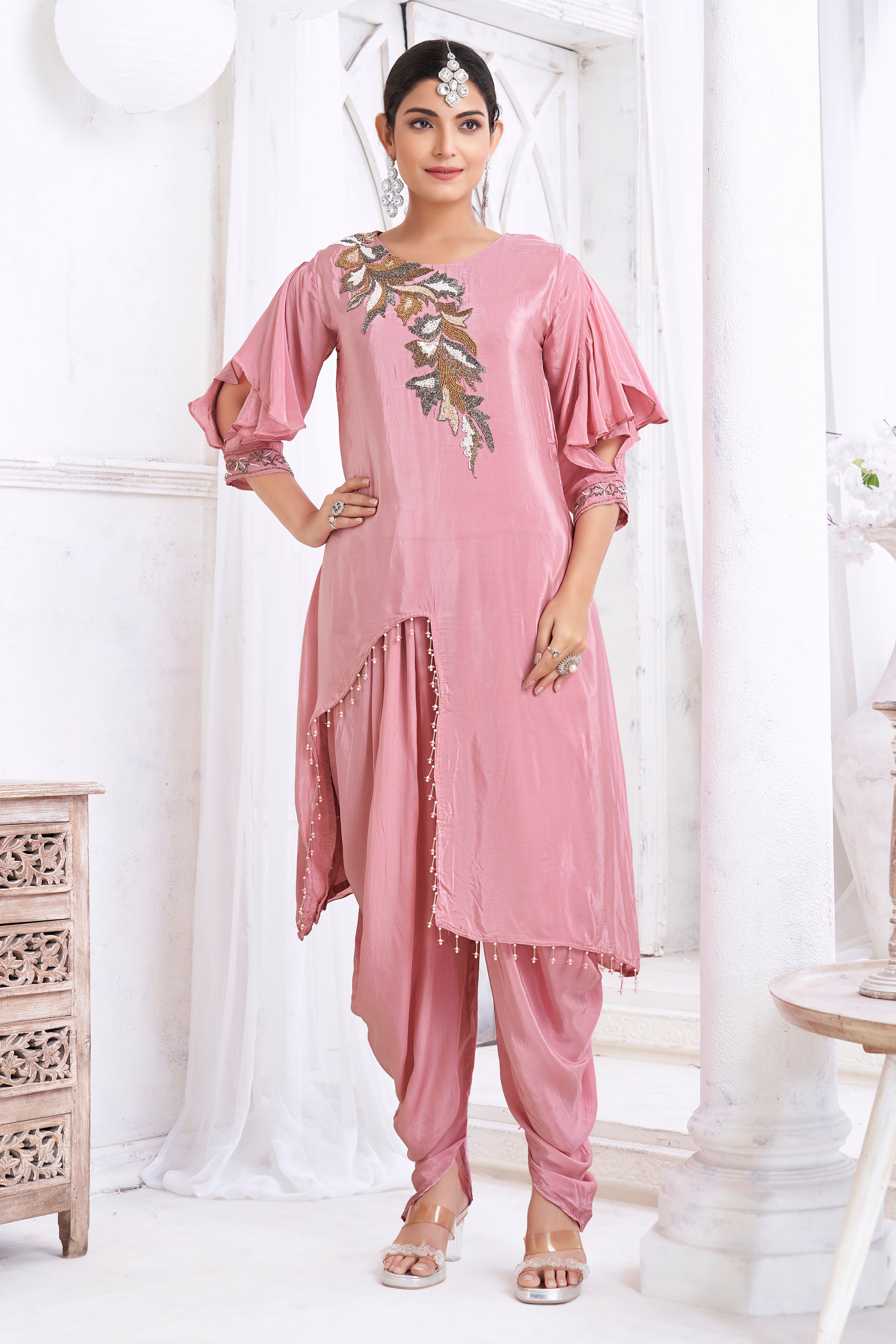 Dusty Rose Embellished Crepe Silk Dhoti Set