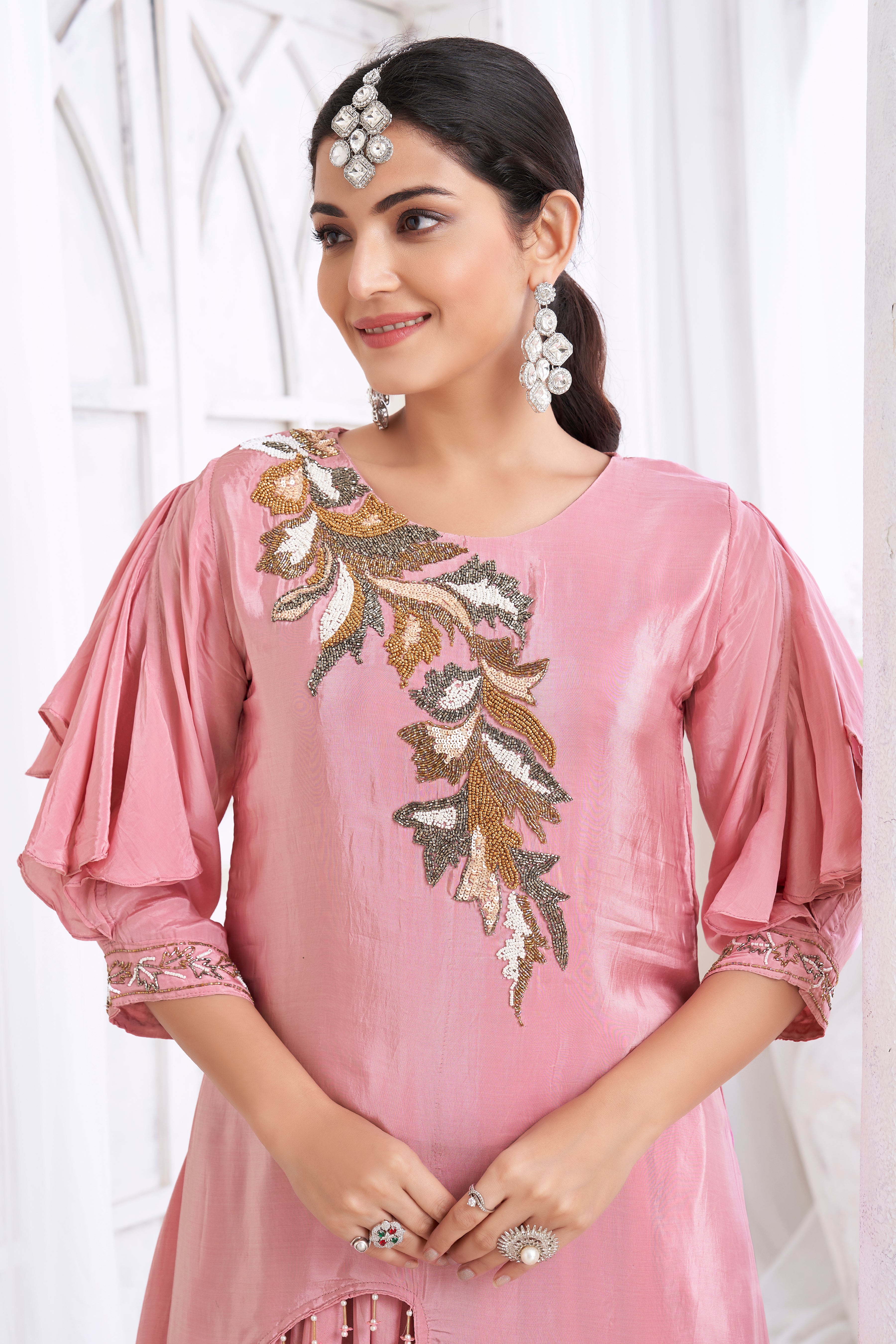 Dusty Rose Embellished Crepe Silk Dhoti Set