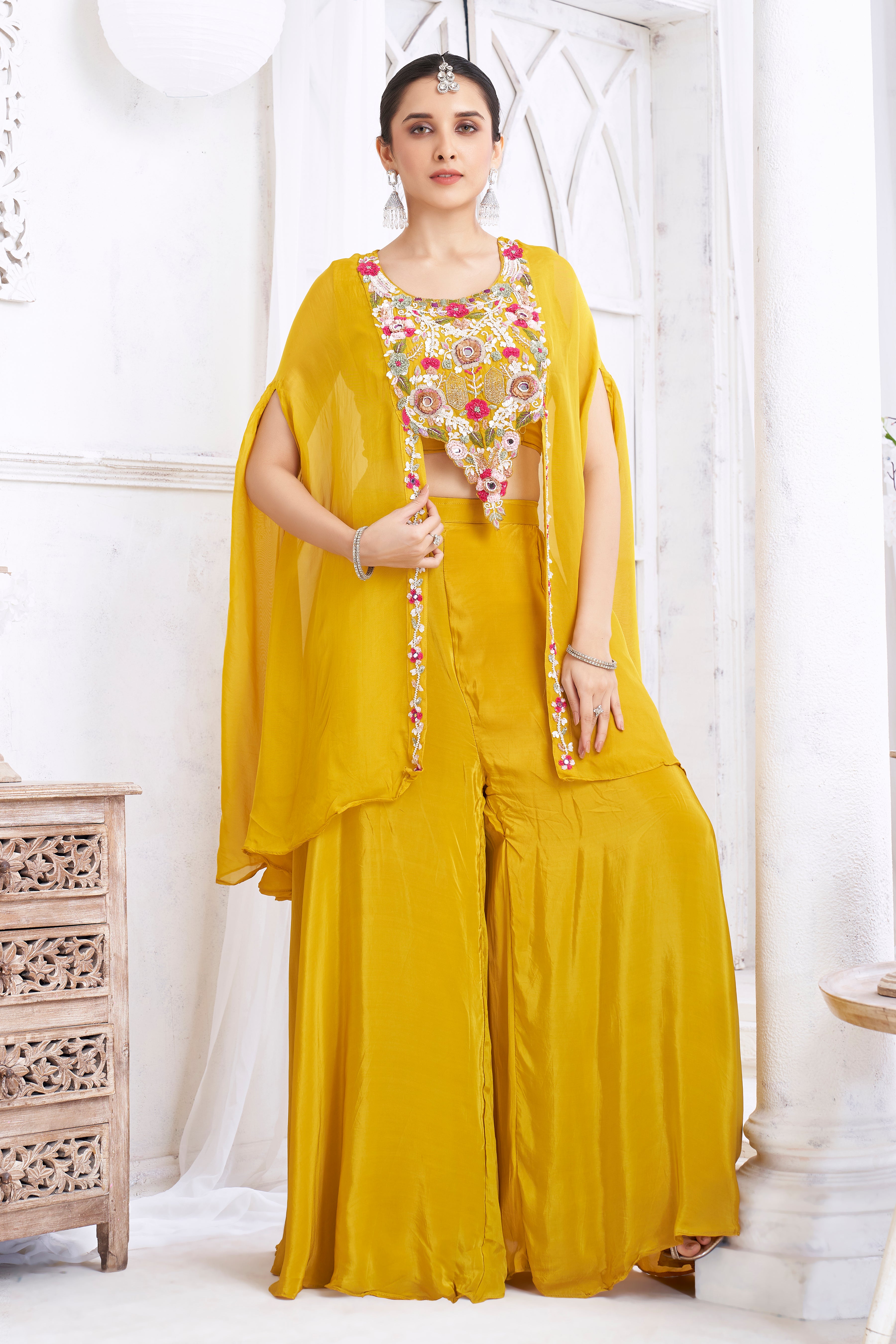 Golden Yellow Embellished Crepe Silk Palazzo Set