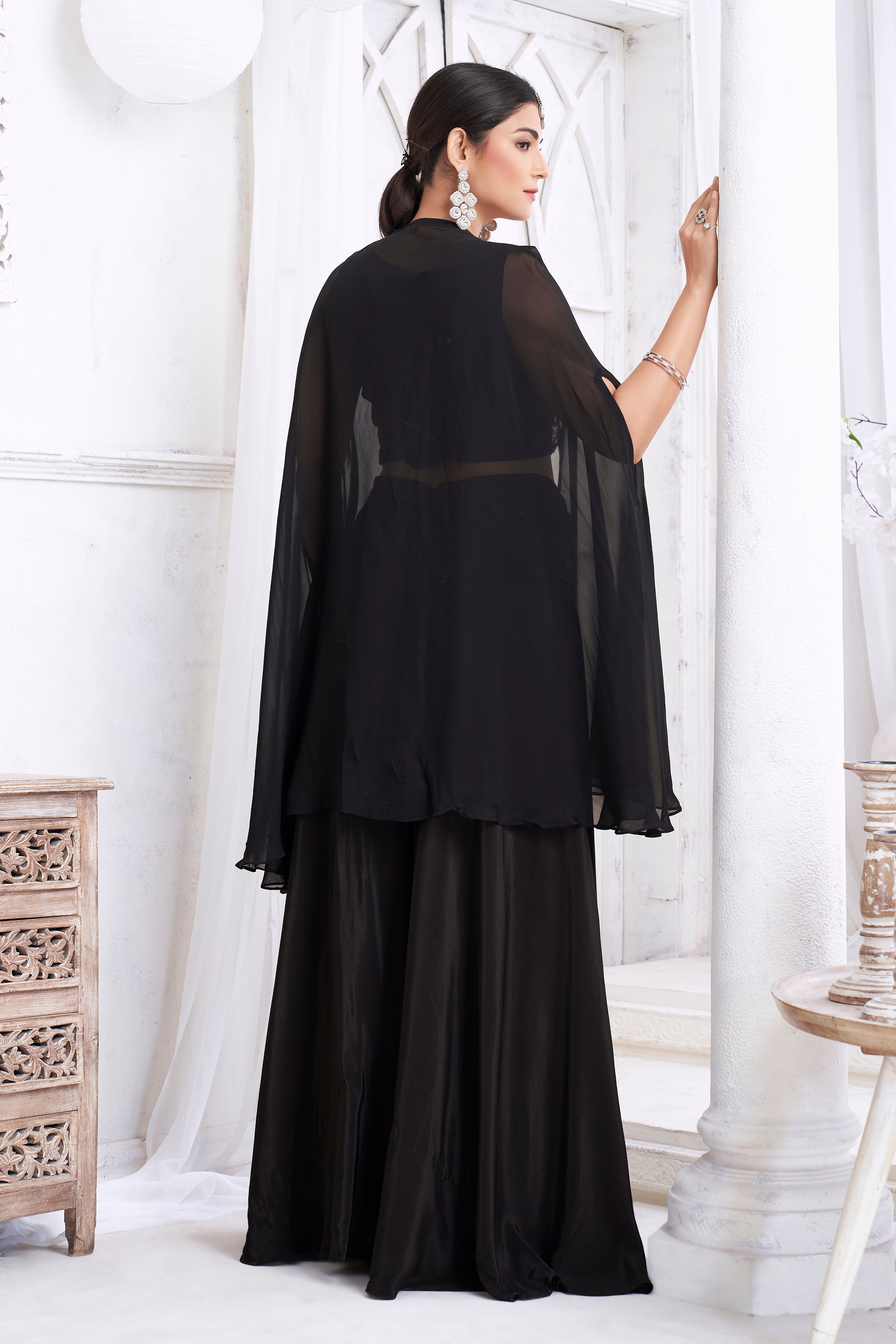 Classic Black Embellished Crepe Silk Palazzo Set