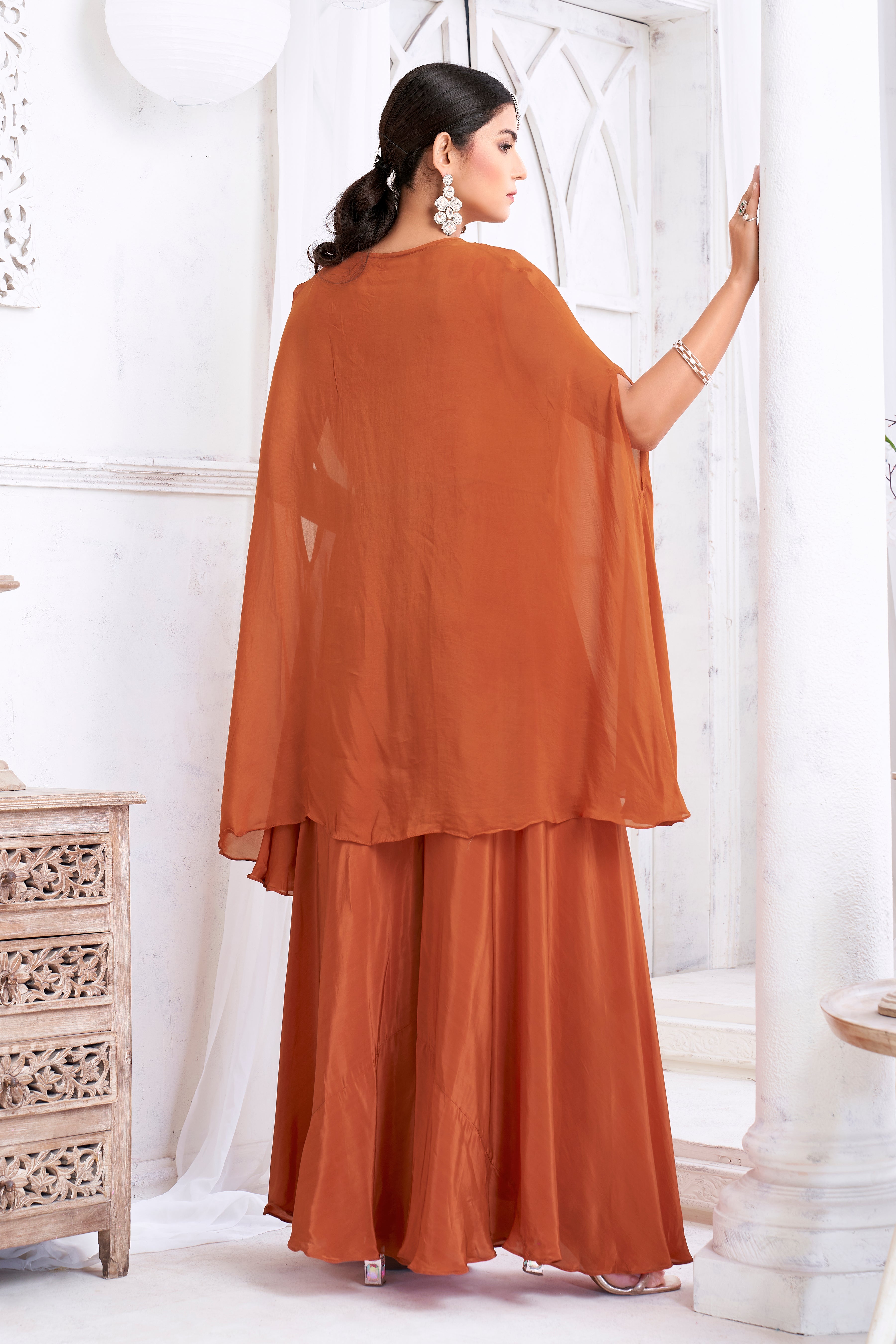 Terracotta Orange Embellished Crepe Silk Palazzo Set