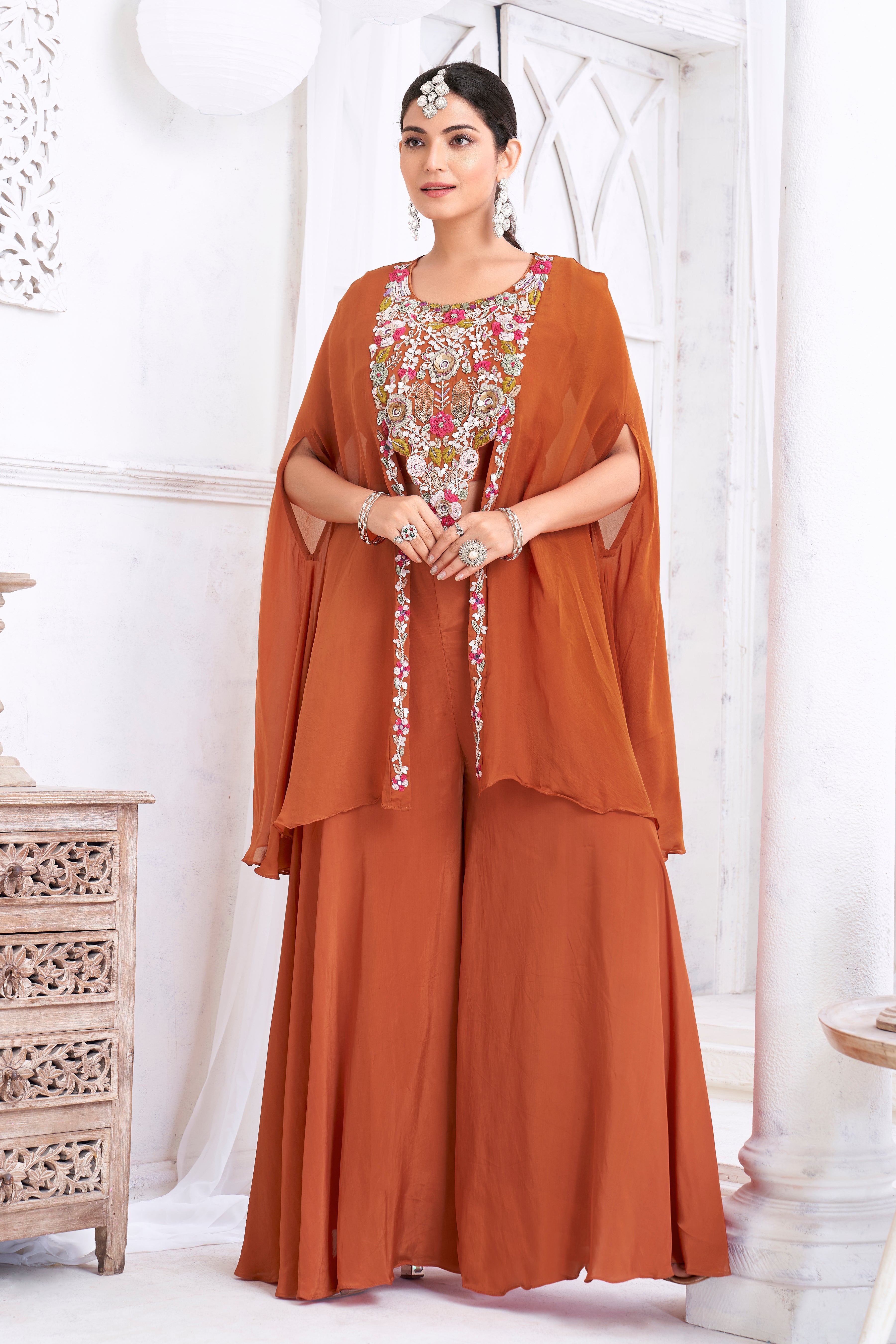 Terracotta Orange Embellished Crepe Silk Palazzo Set