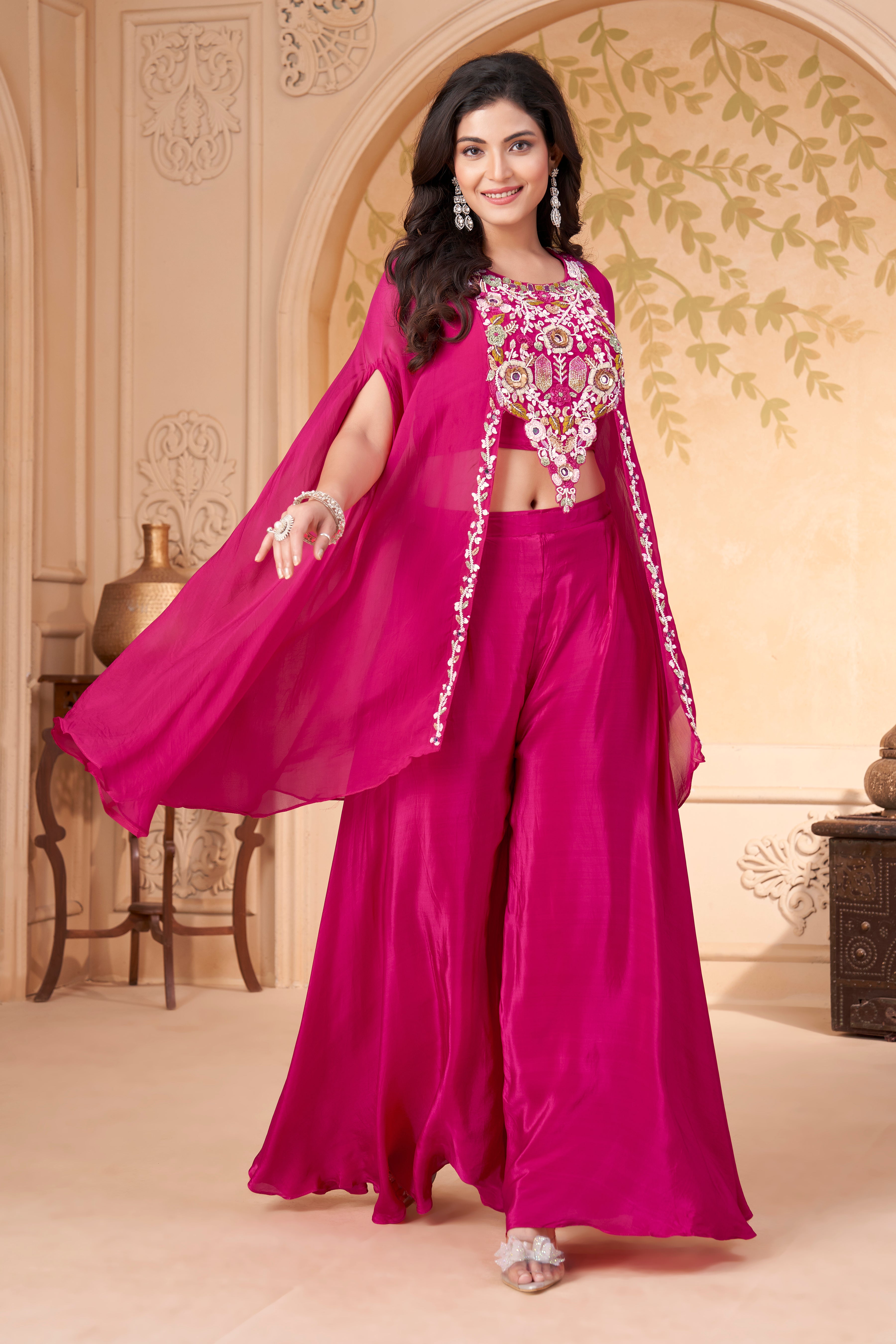 Fuchsia Pink Embellished Crepe Silk Palazzo Set