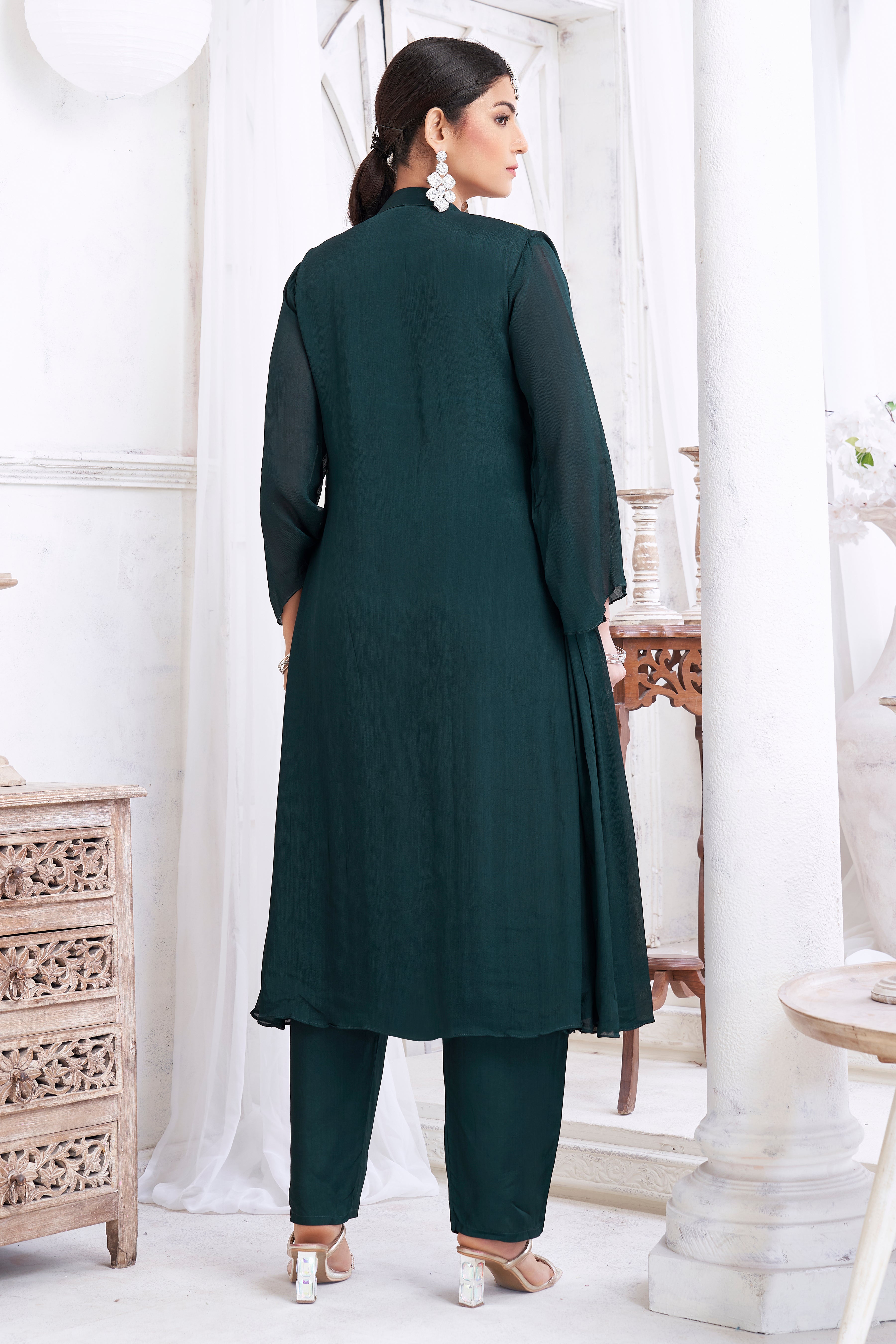 Forest Green Embellished Chinon Silk Kurta Set