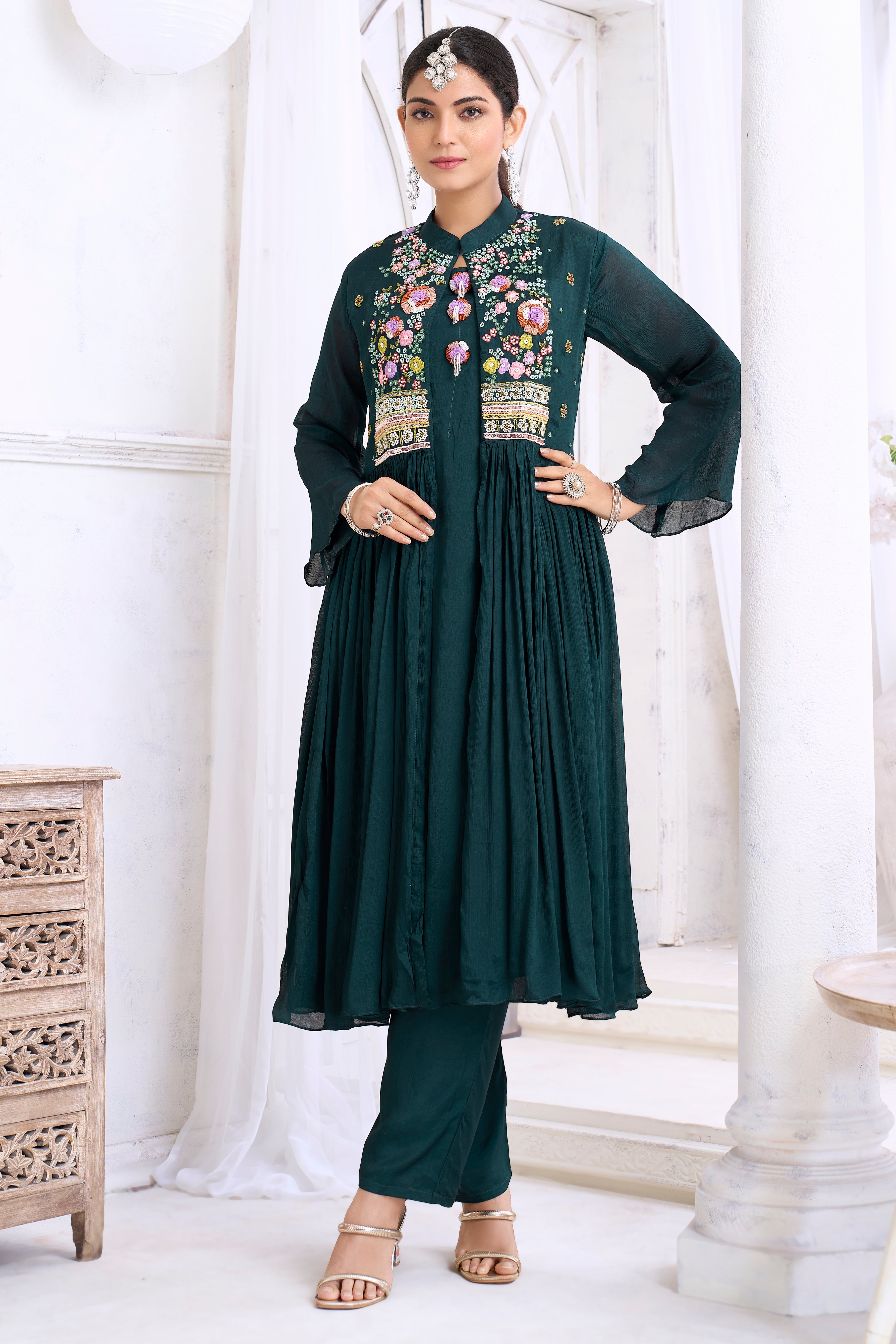 Forest Green Embellished Chinon Silk Kurta Set