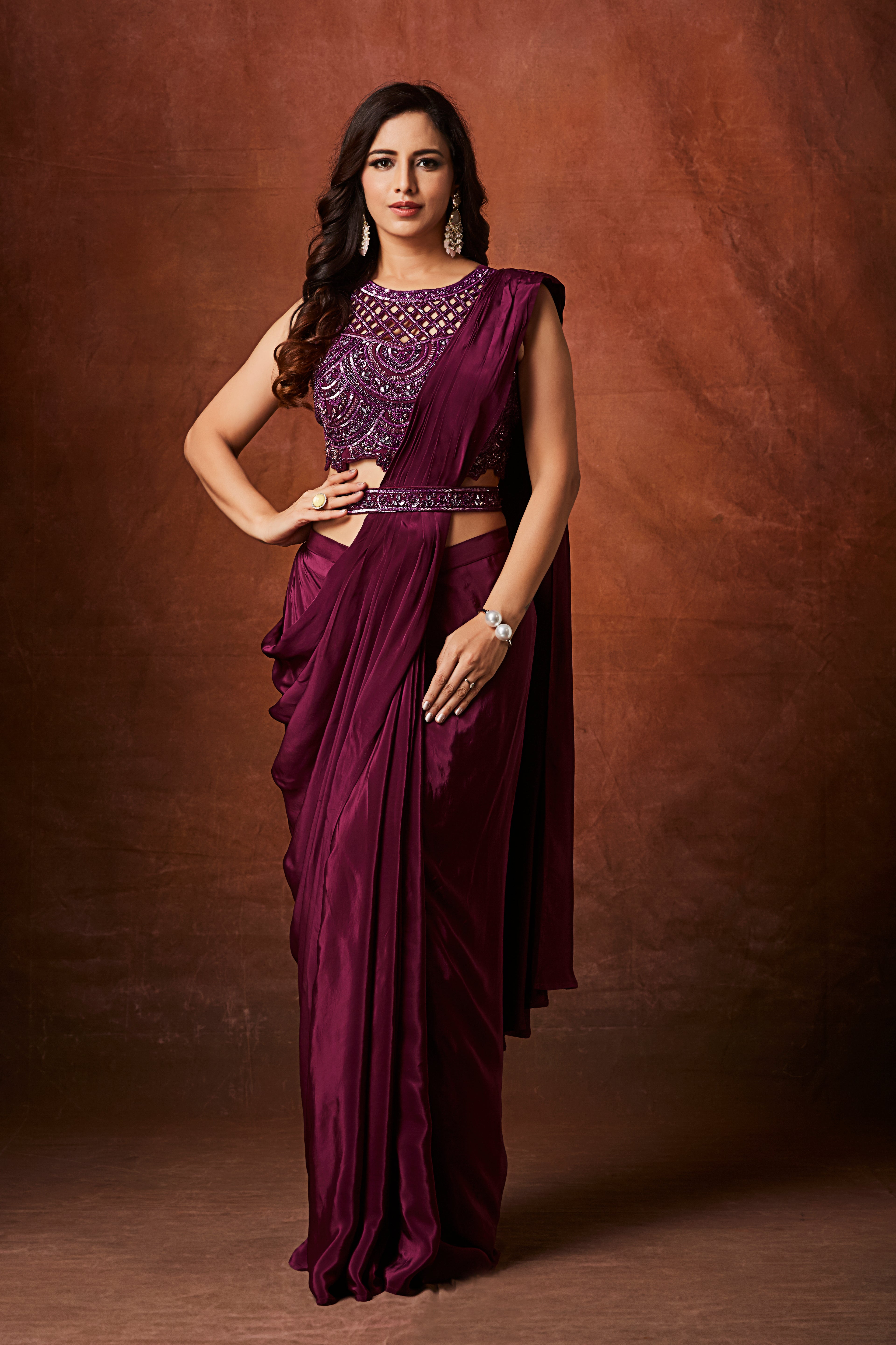 Wine Purple Embellished  Crepe Silk Drape Saree