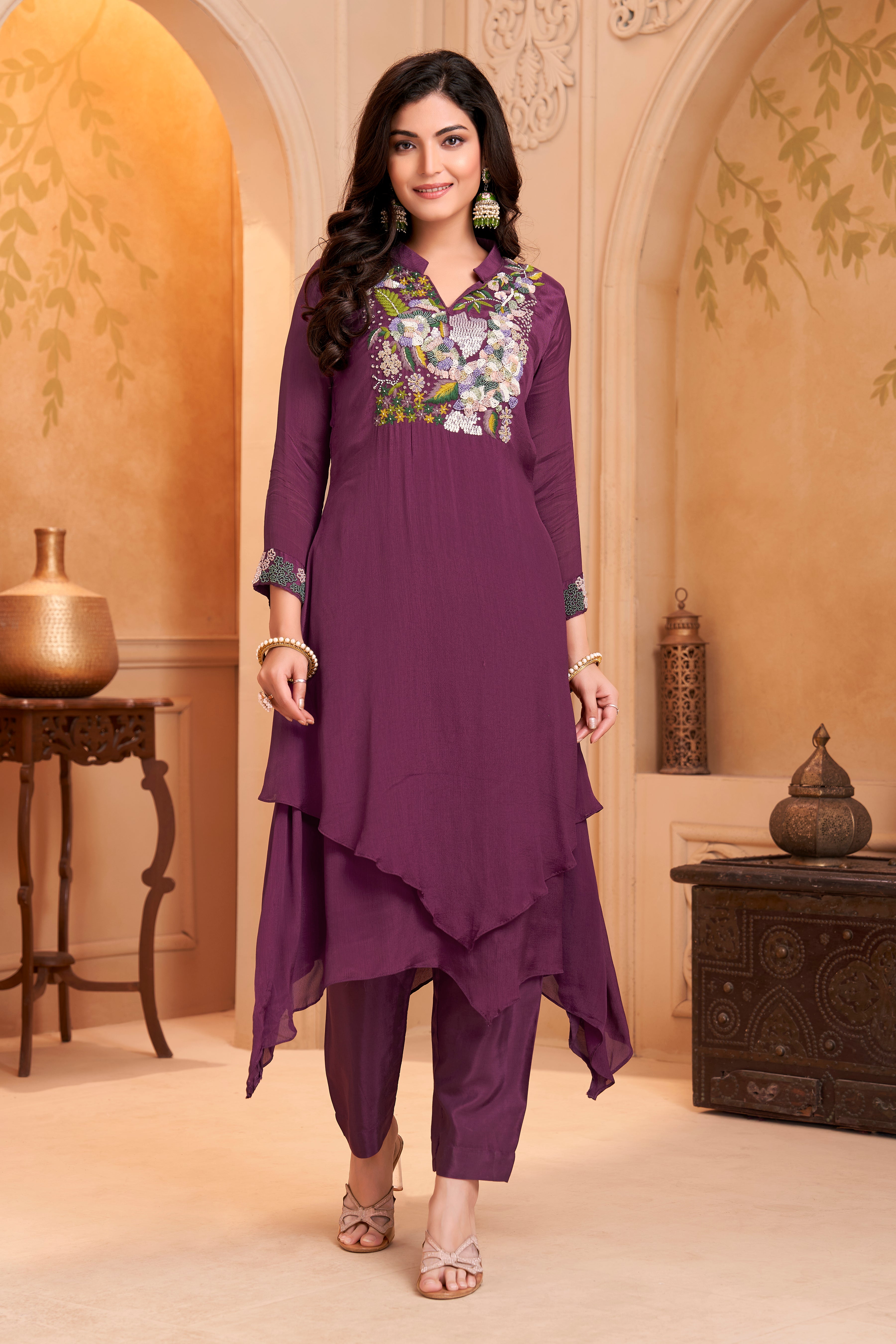Plum Purple Embellished Chinon Silk Kurta Set