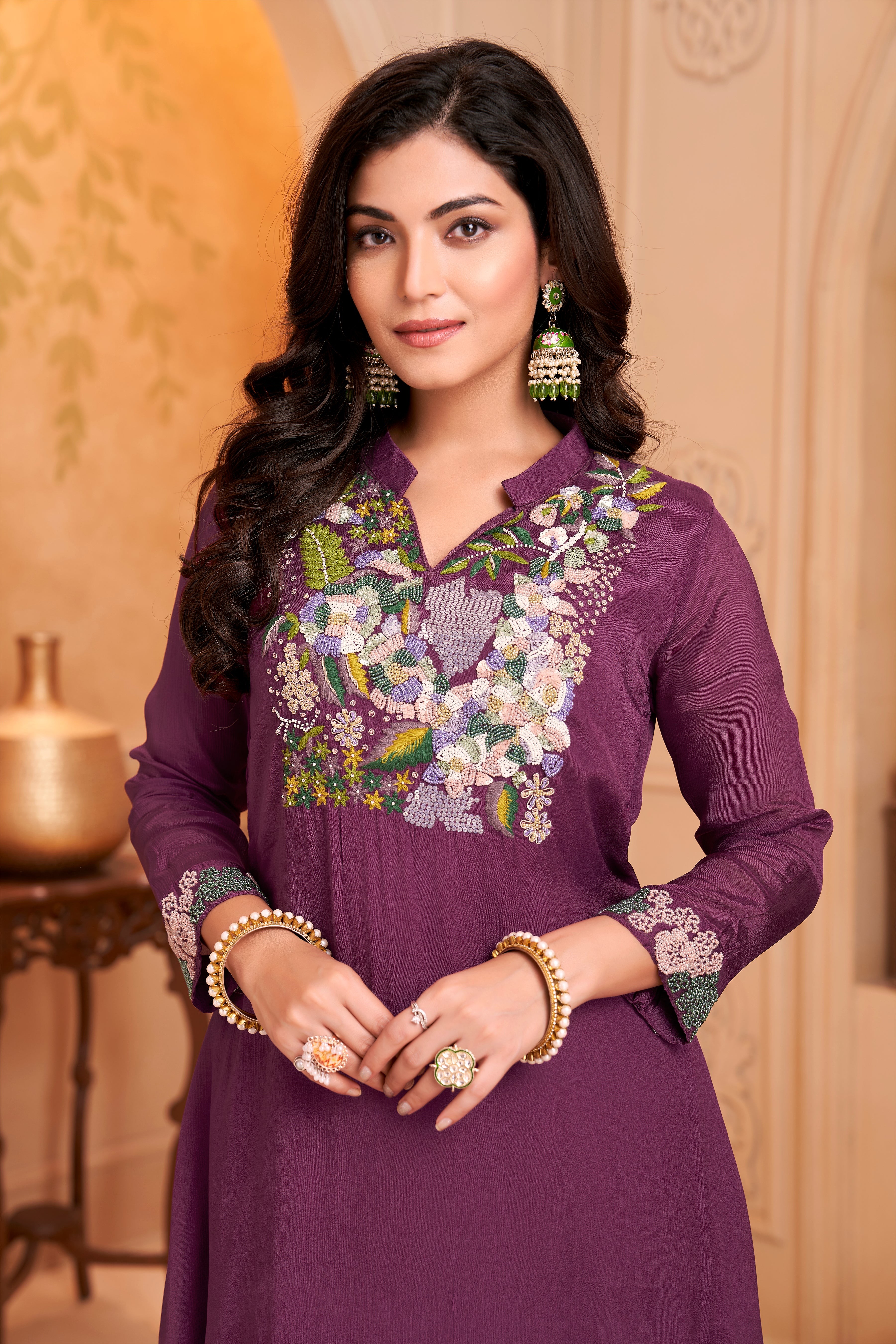 Plum Purple Embellished Chinon Silk Kurta Set