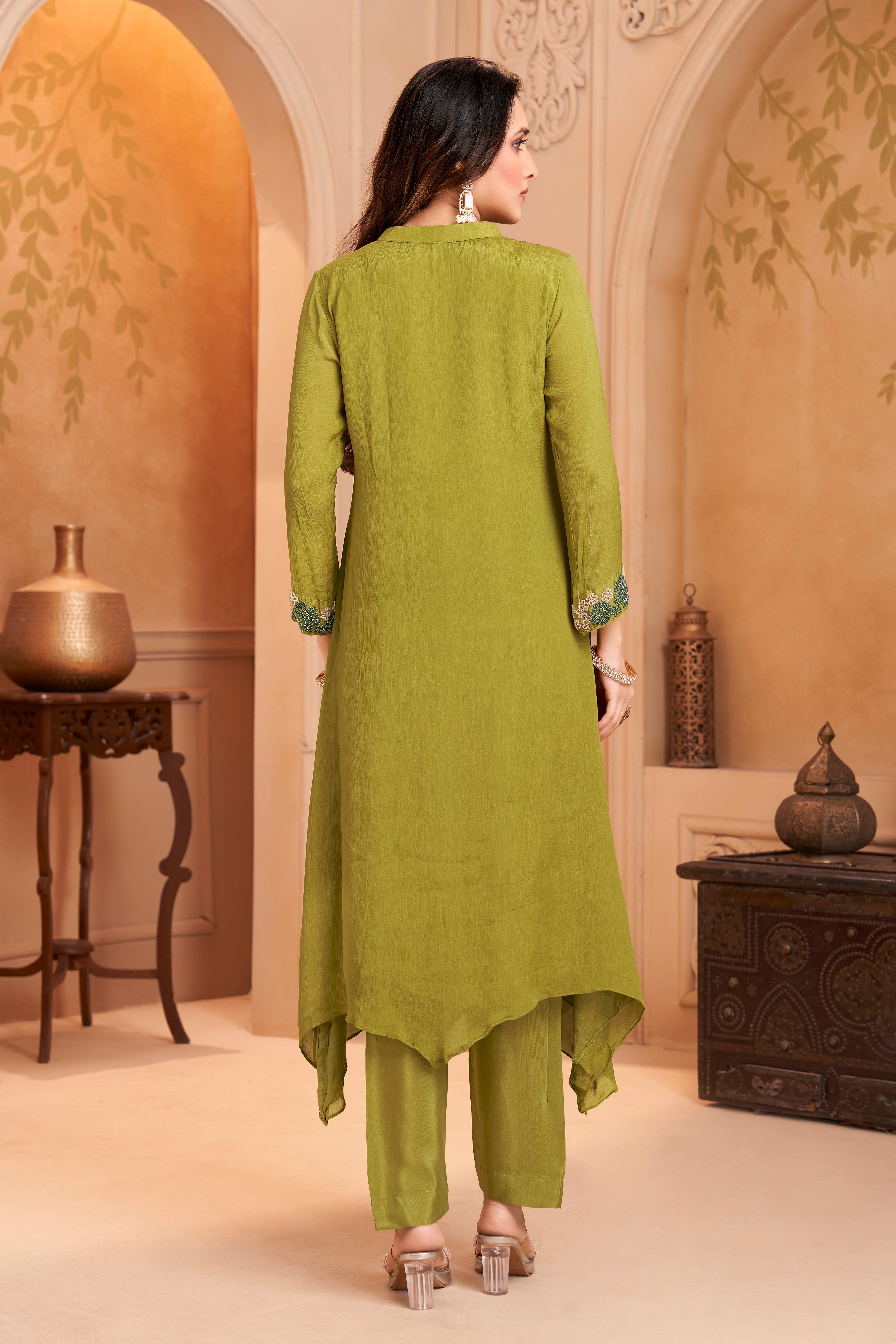 Lime Green Embellished Chinon Silk Kurta Set