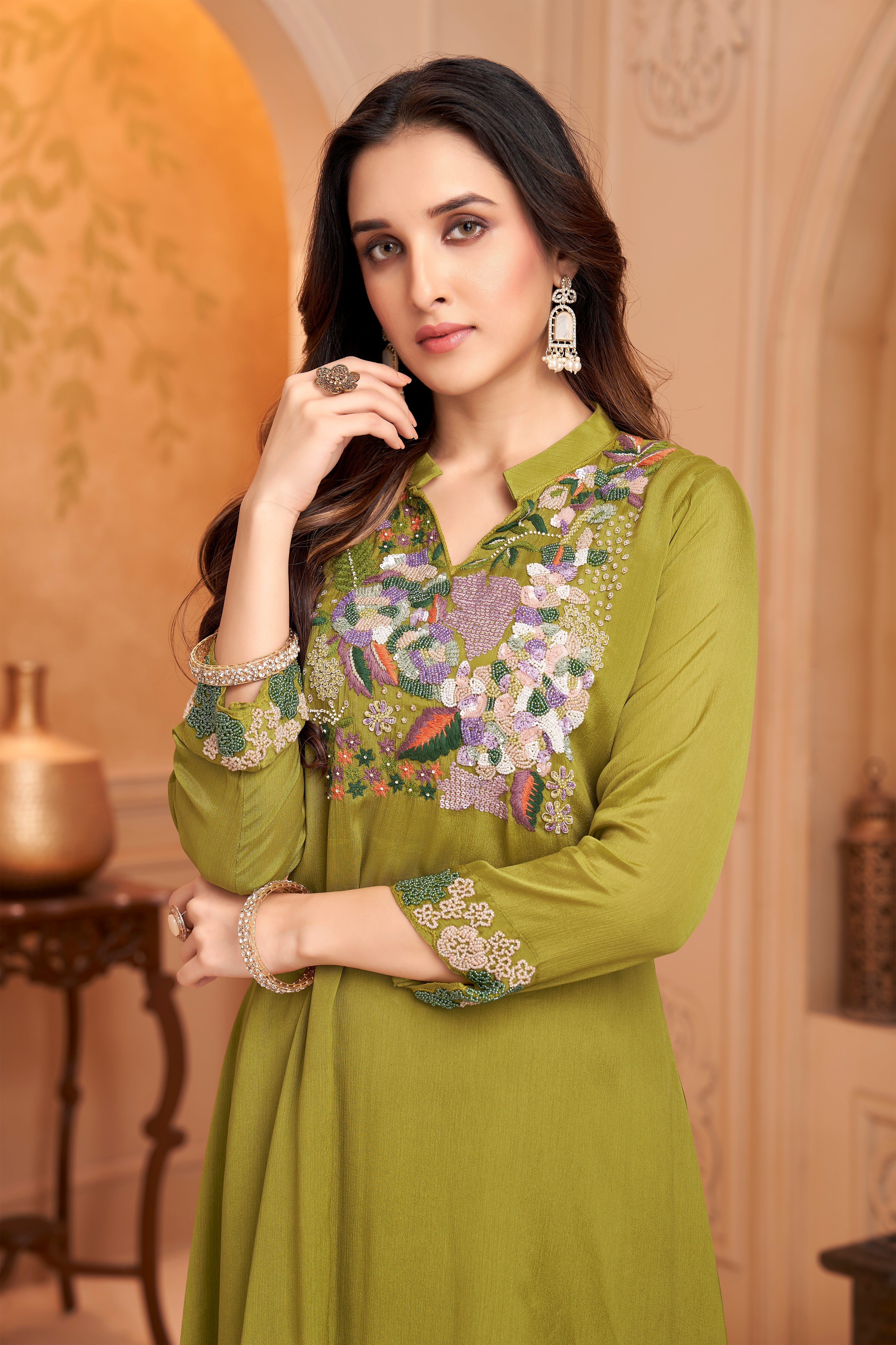 Lime Green Embellished Chinon Silk Kurta Set