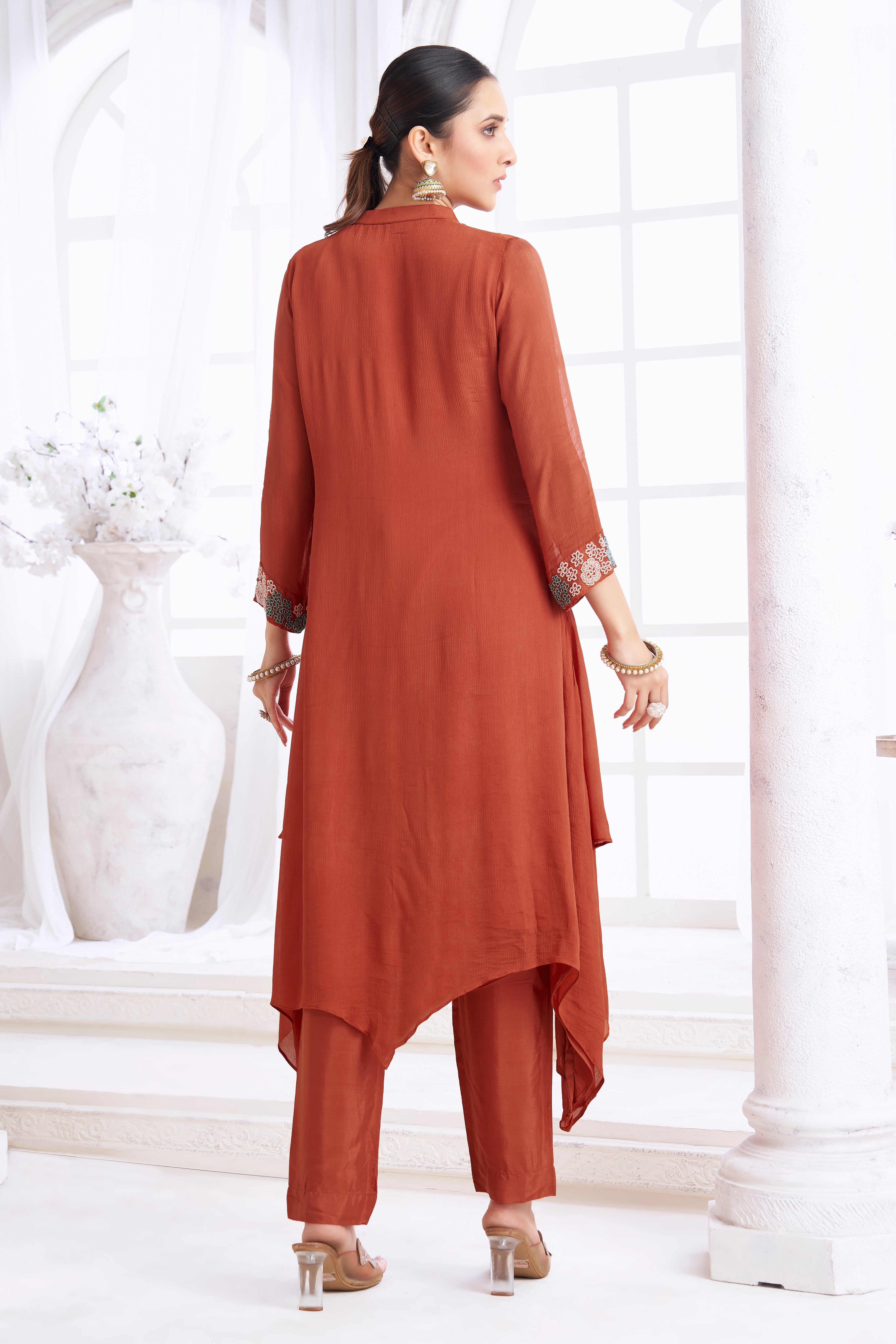 Reddish-Brown Embellished Chinon Silk Kurta Set