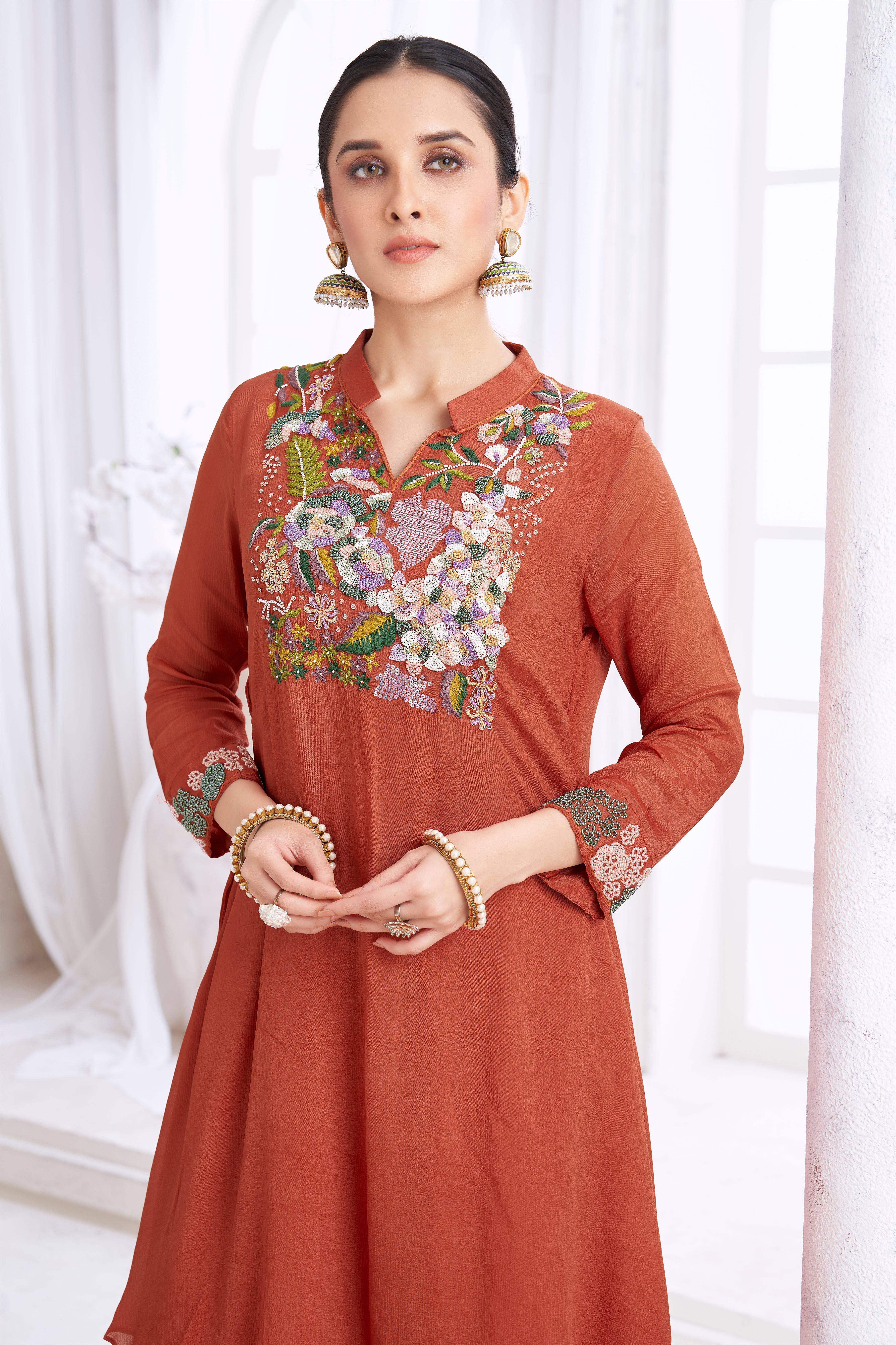Reddish-Brown Embellished Chinon Silk Kurta Set