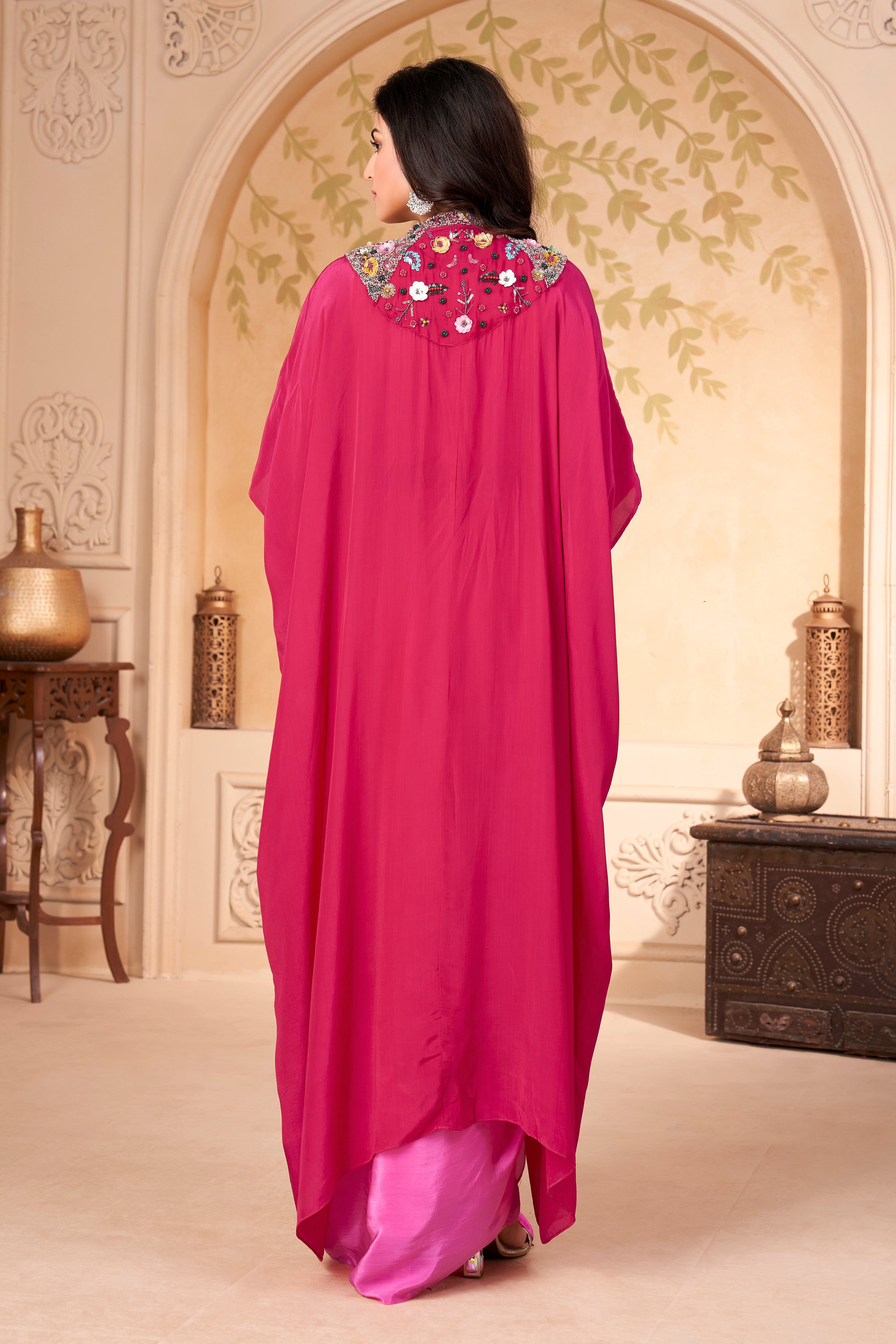 Hot Pink Embellished Crepe Silk Skirt Set