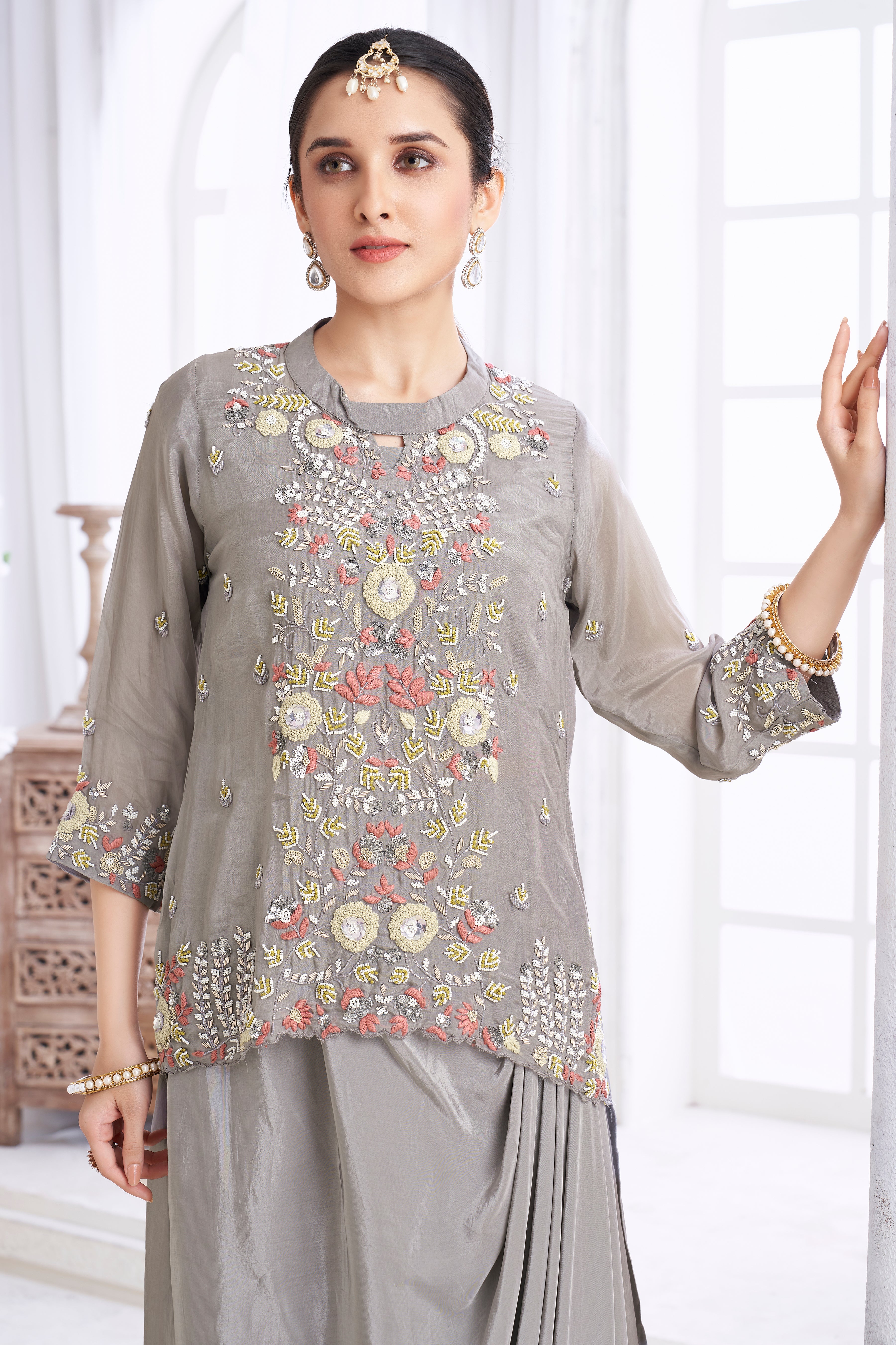 Stone Grey Embellished Crepe Silk Skirt Set