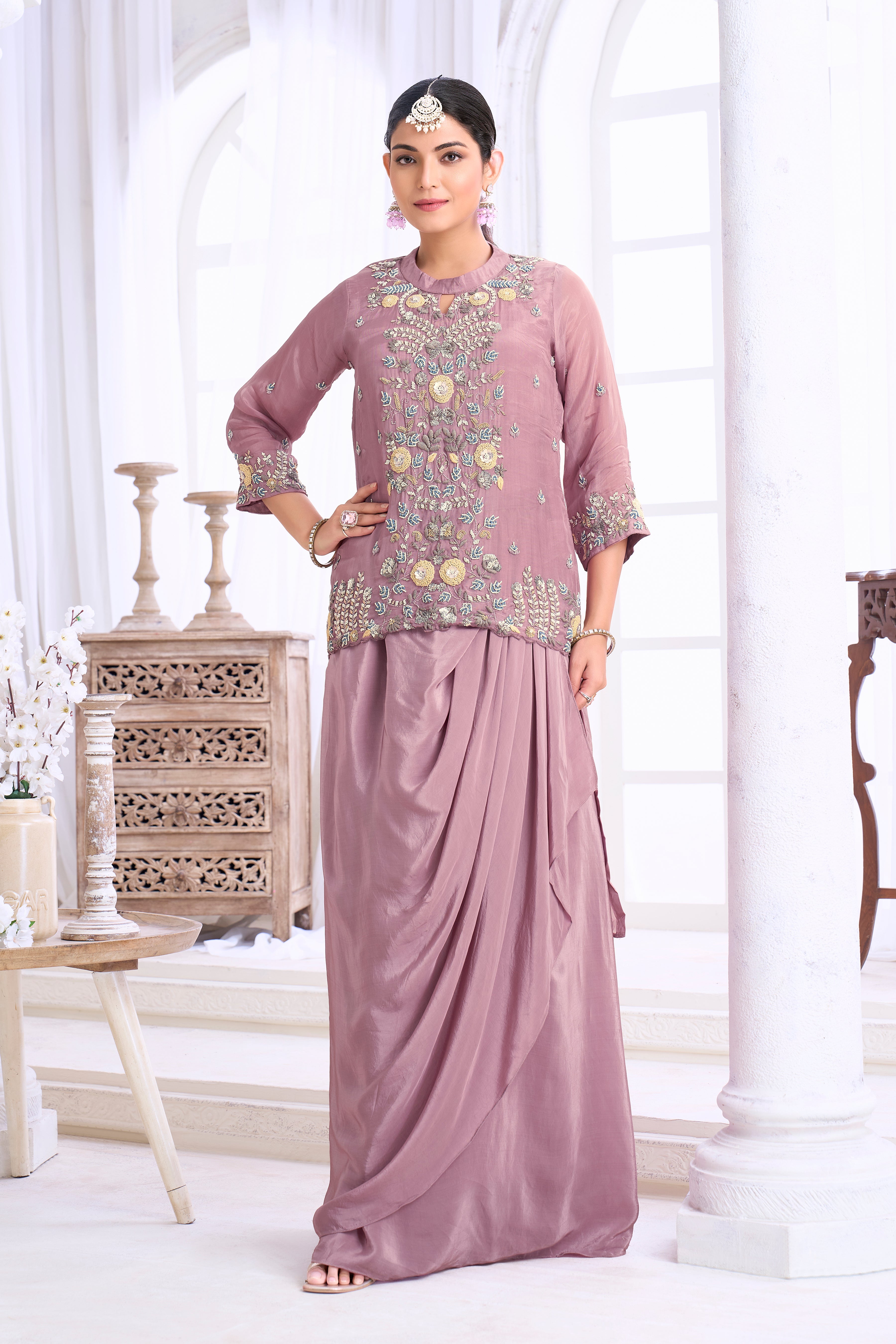 Smoky Lilac Embellished Crepe Silk Skirt Set