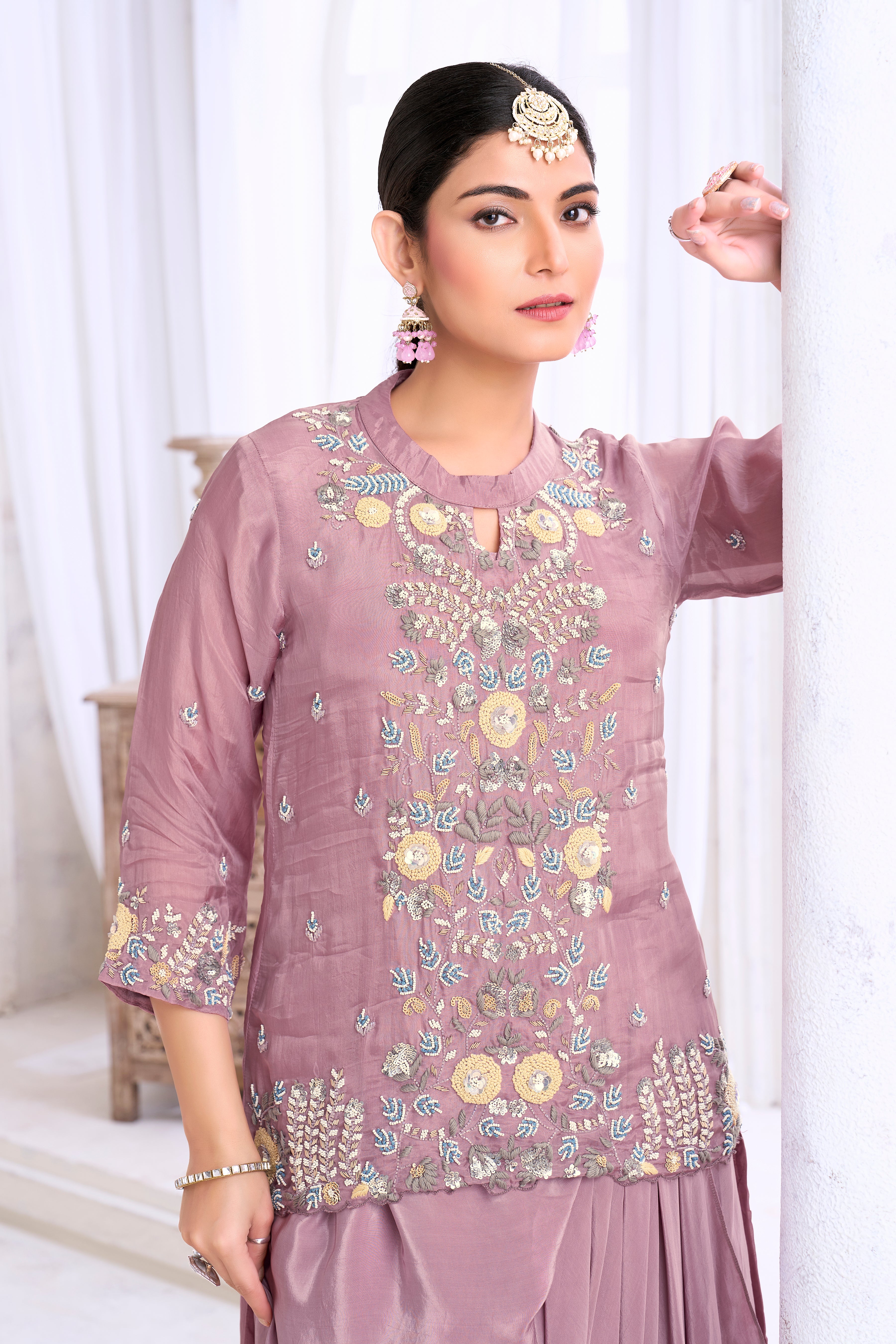 Smoky Lilac Embellished Crepe Silk Skirt Set