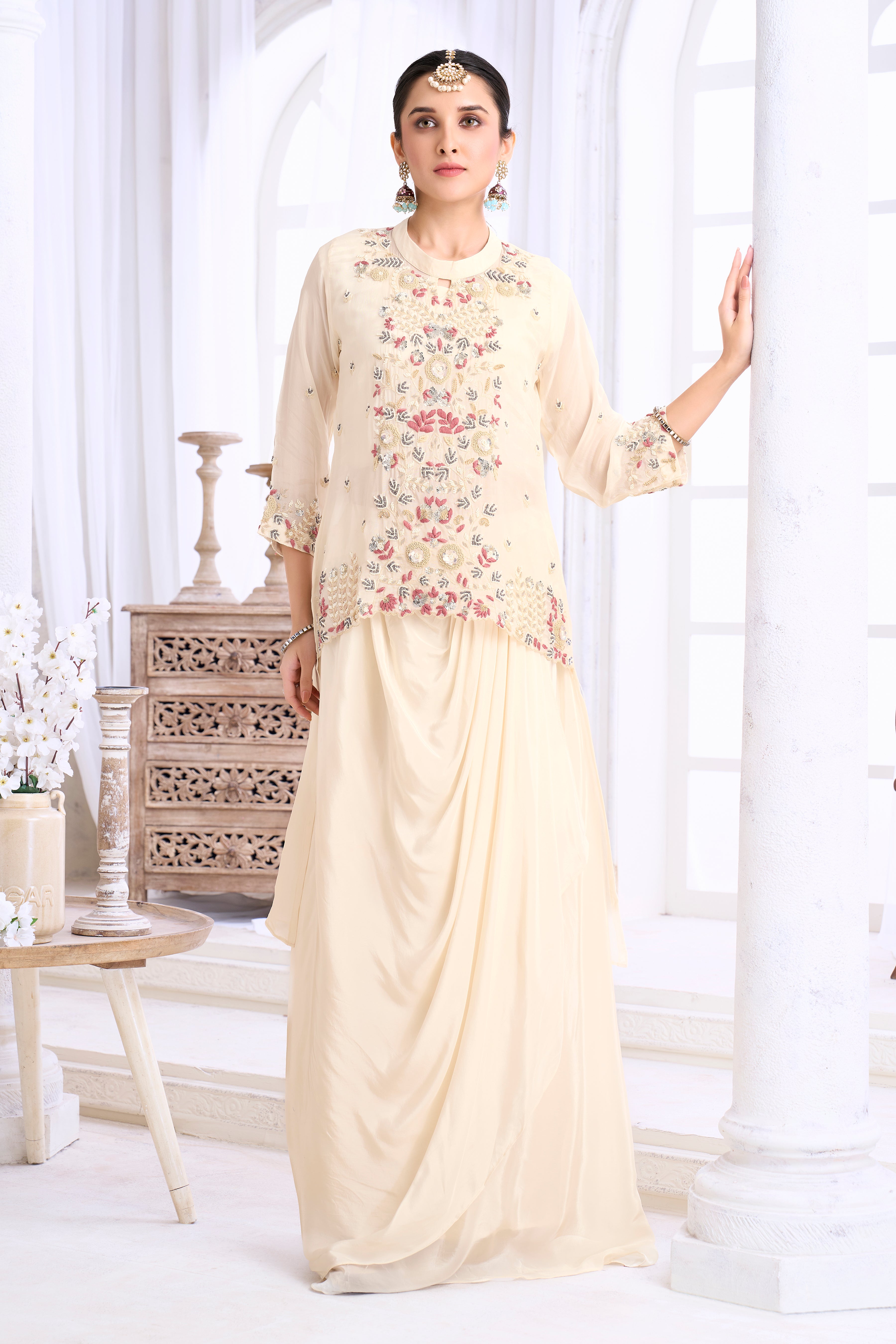 Cream White Embellished Crepe Silk Skirt Set