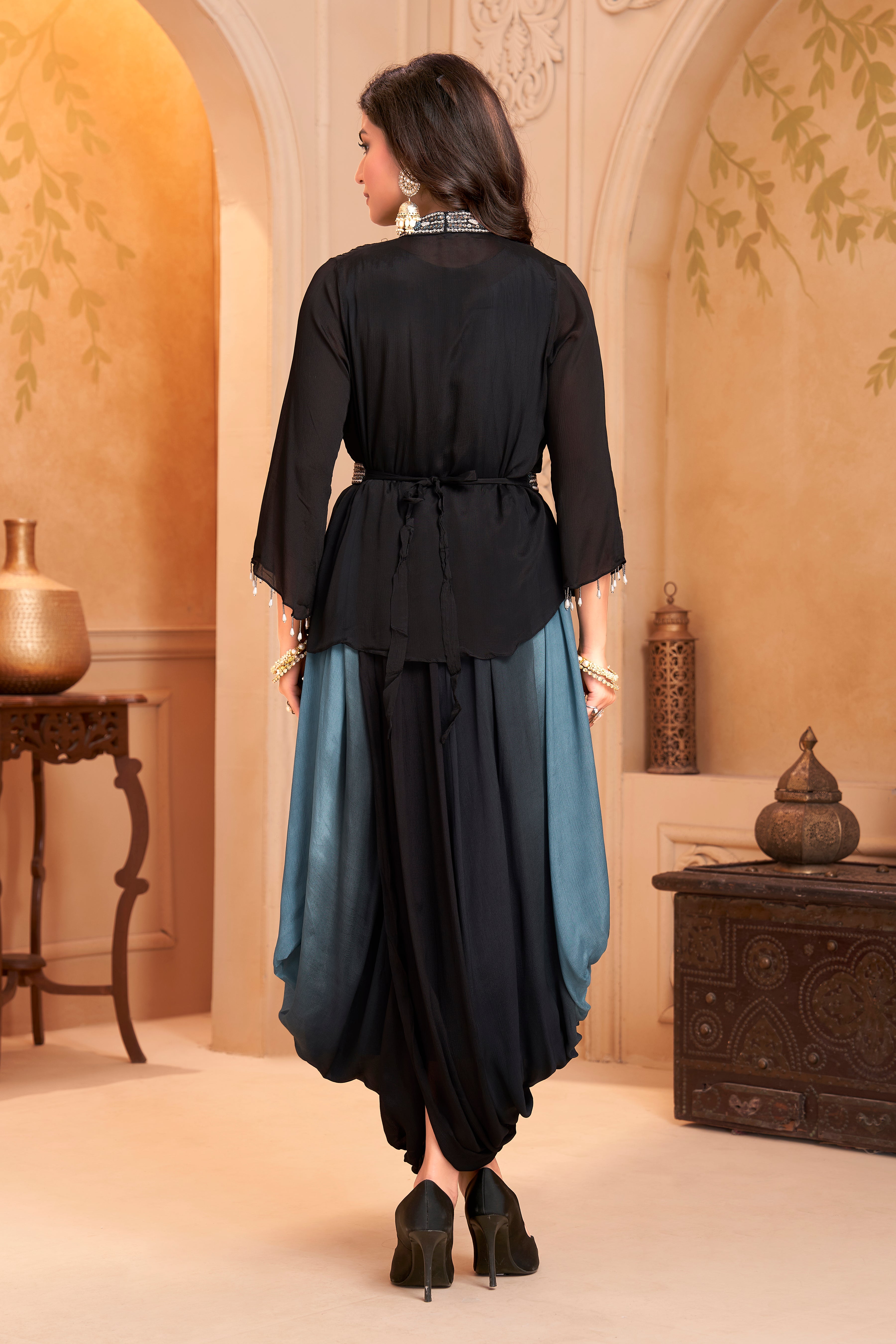 Slate Blue Embellished Chinon Silk Drape Dress