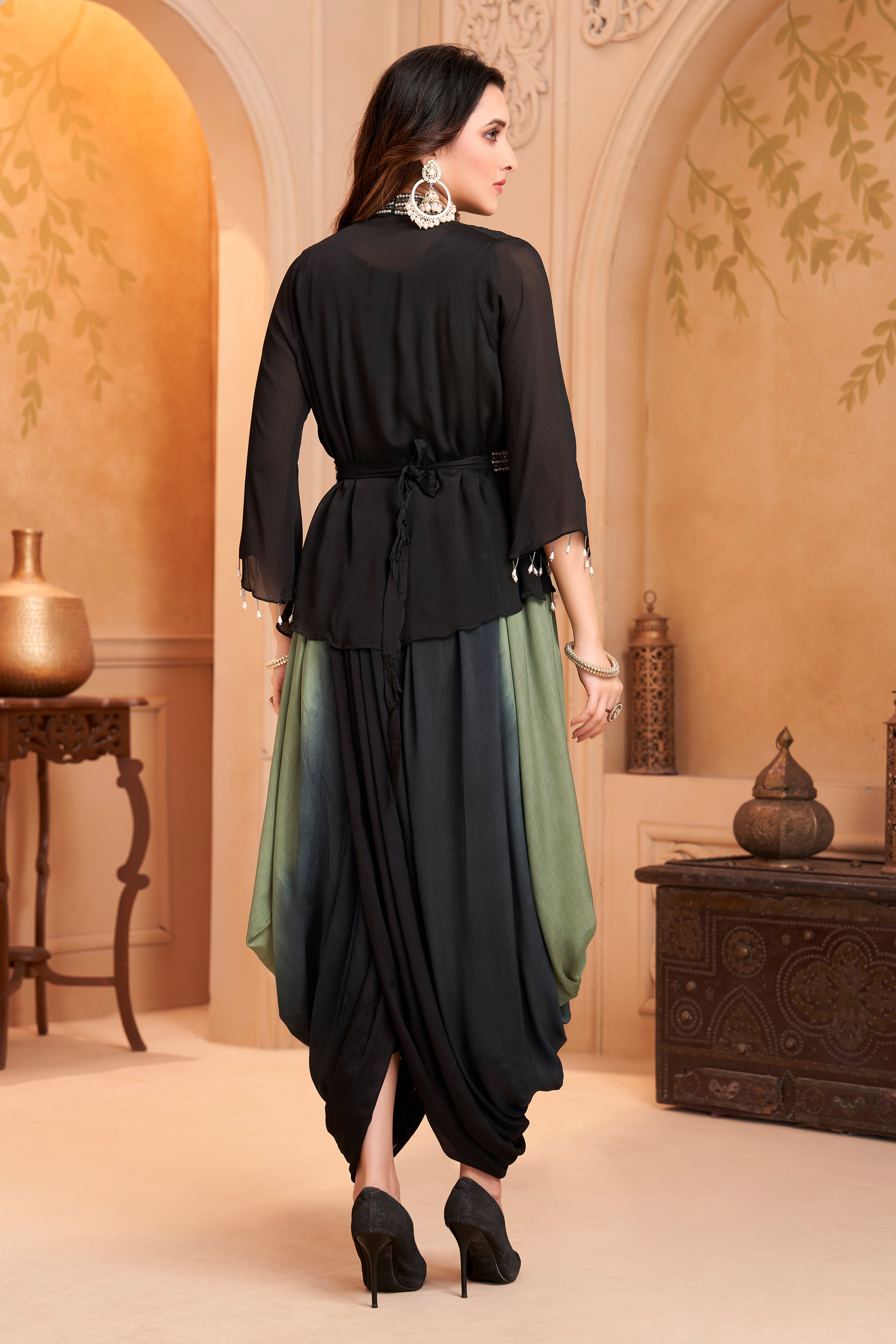 Moss Green Embellished Chinon Silk Drape Dress