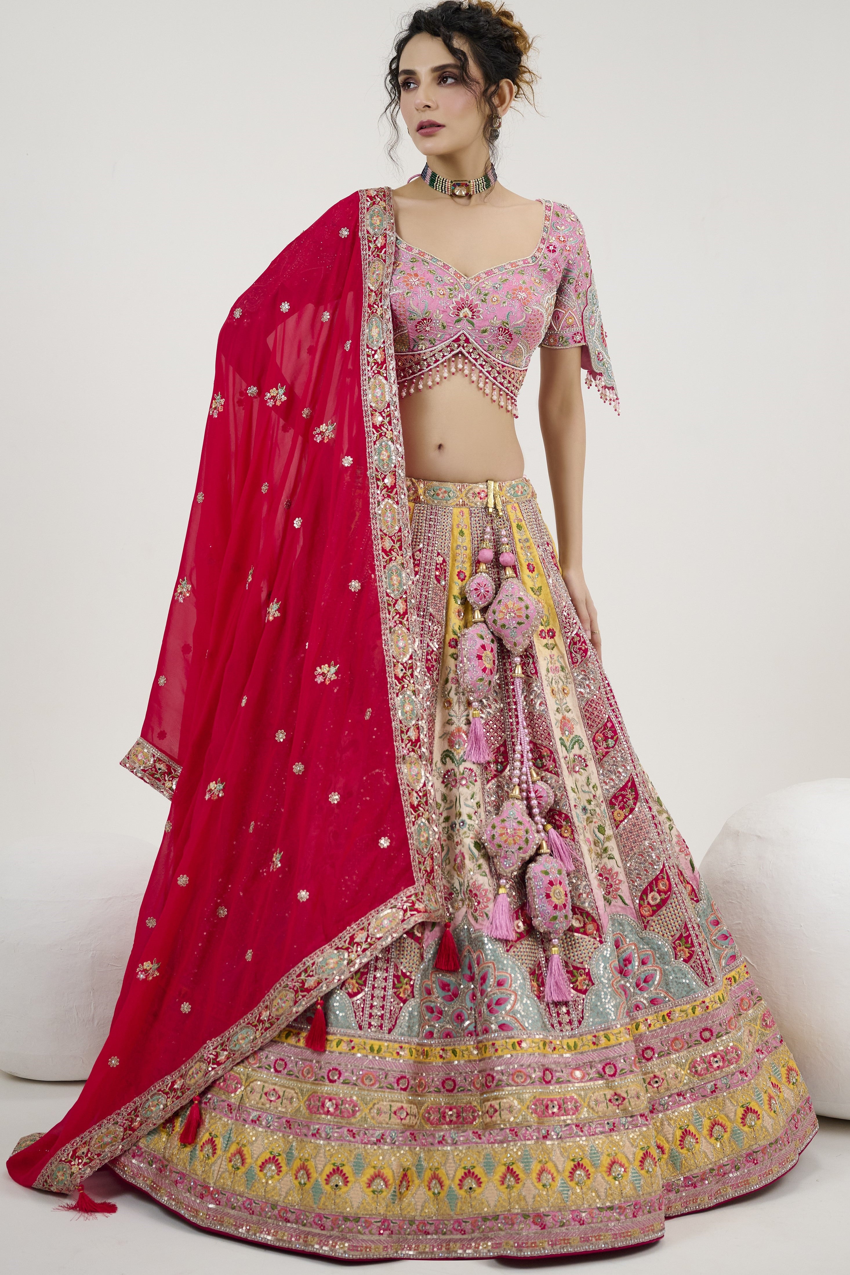 Pastel Pink Embroidered Georgette Silk Lehenga Set