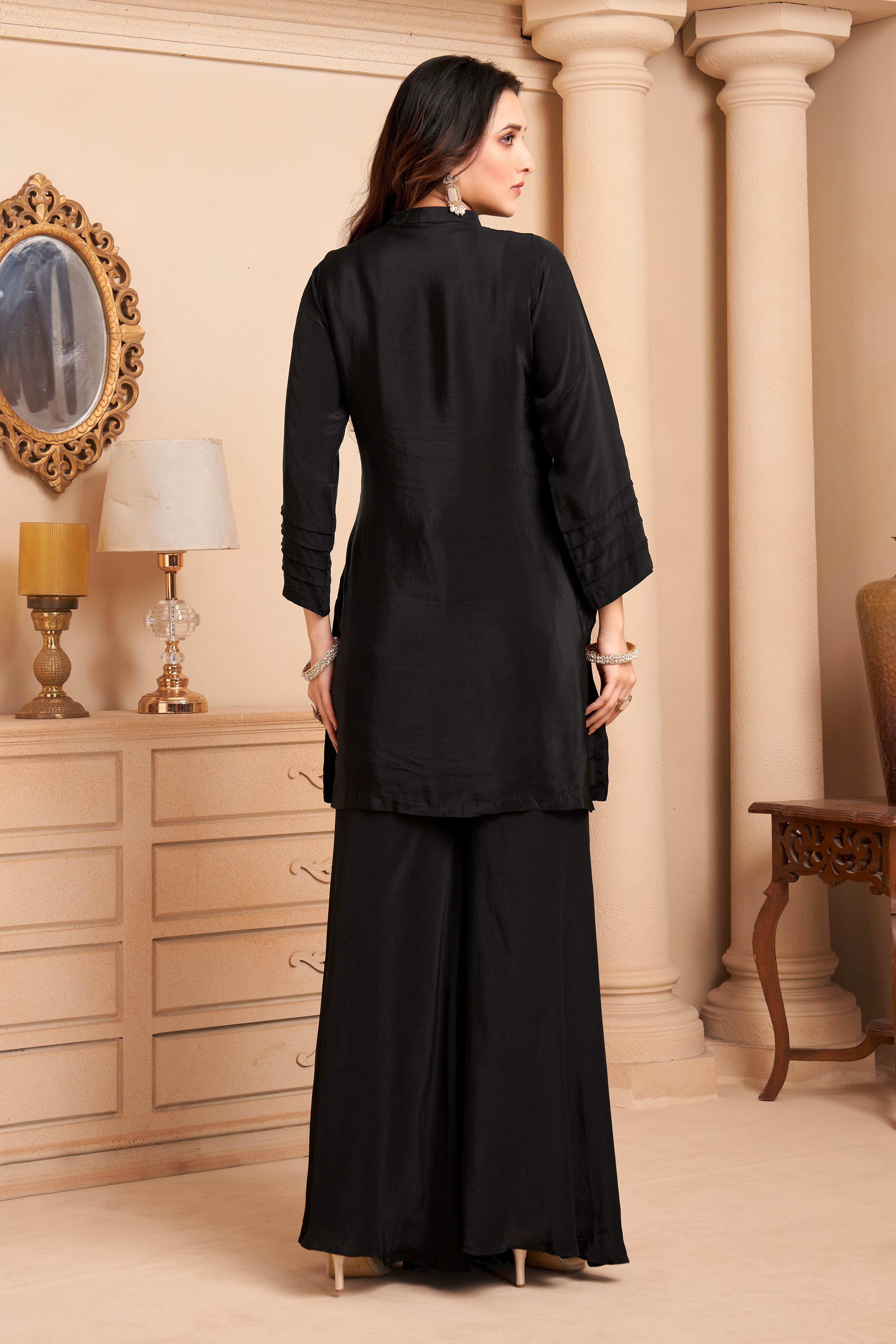 Coal Black Embellished Crepe Silk Palazzo Set