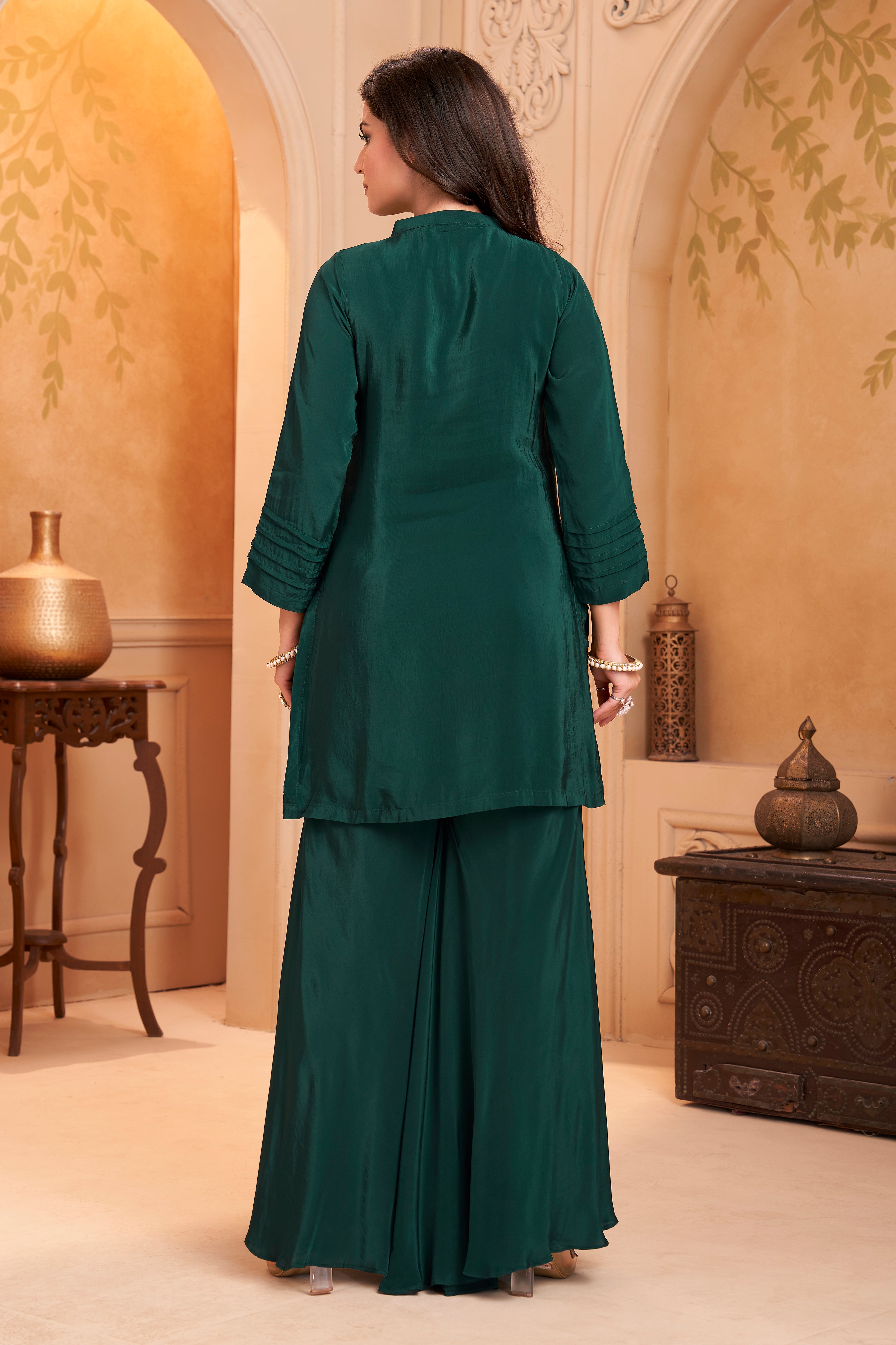 Forest Green Embellished Crepe Silk Palazzo Set