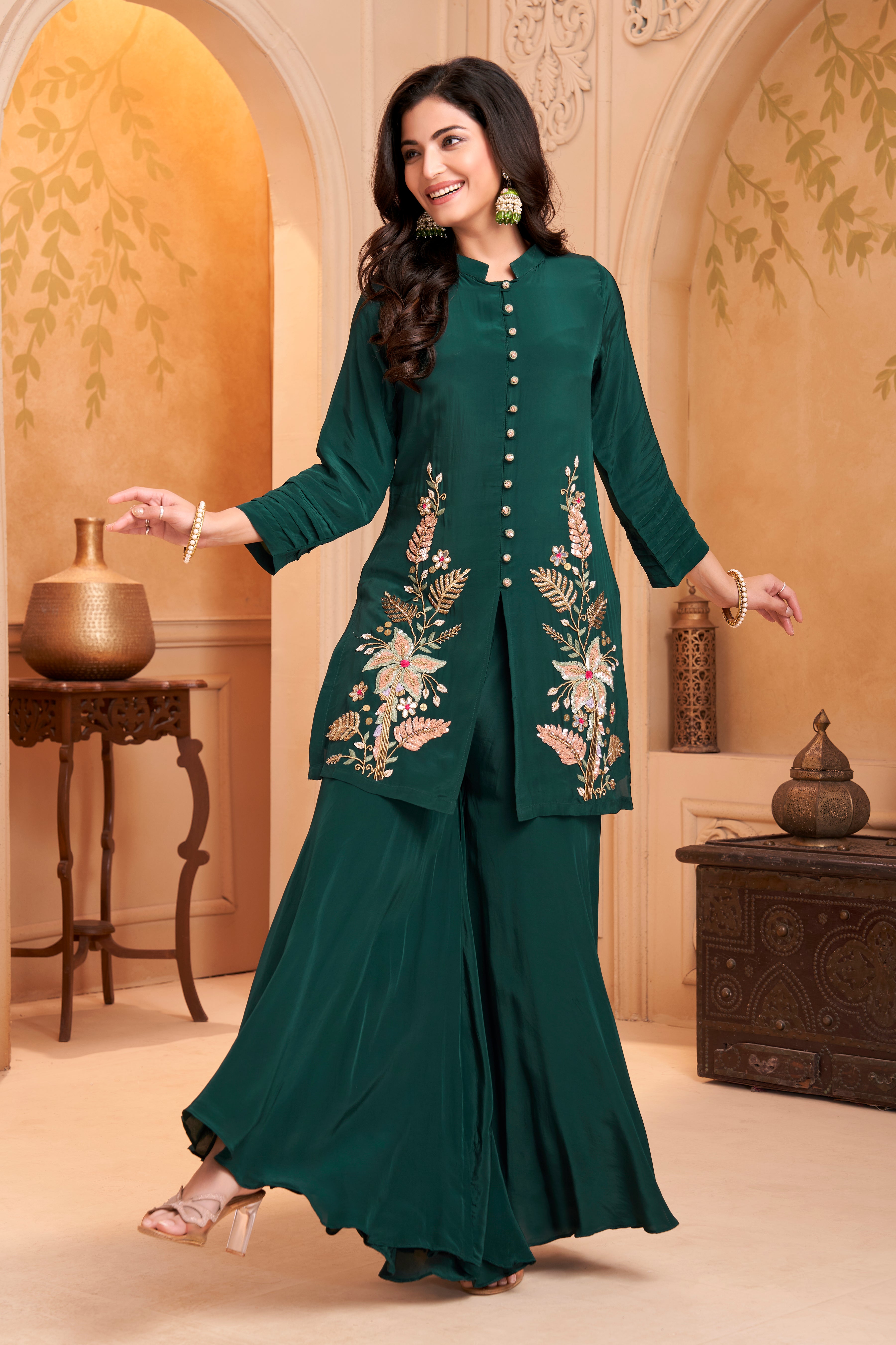 Forest Green Embellished Crepe Silk Palazzo Set