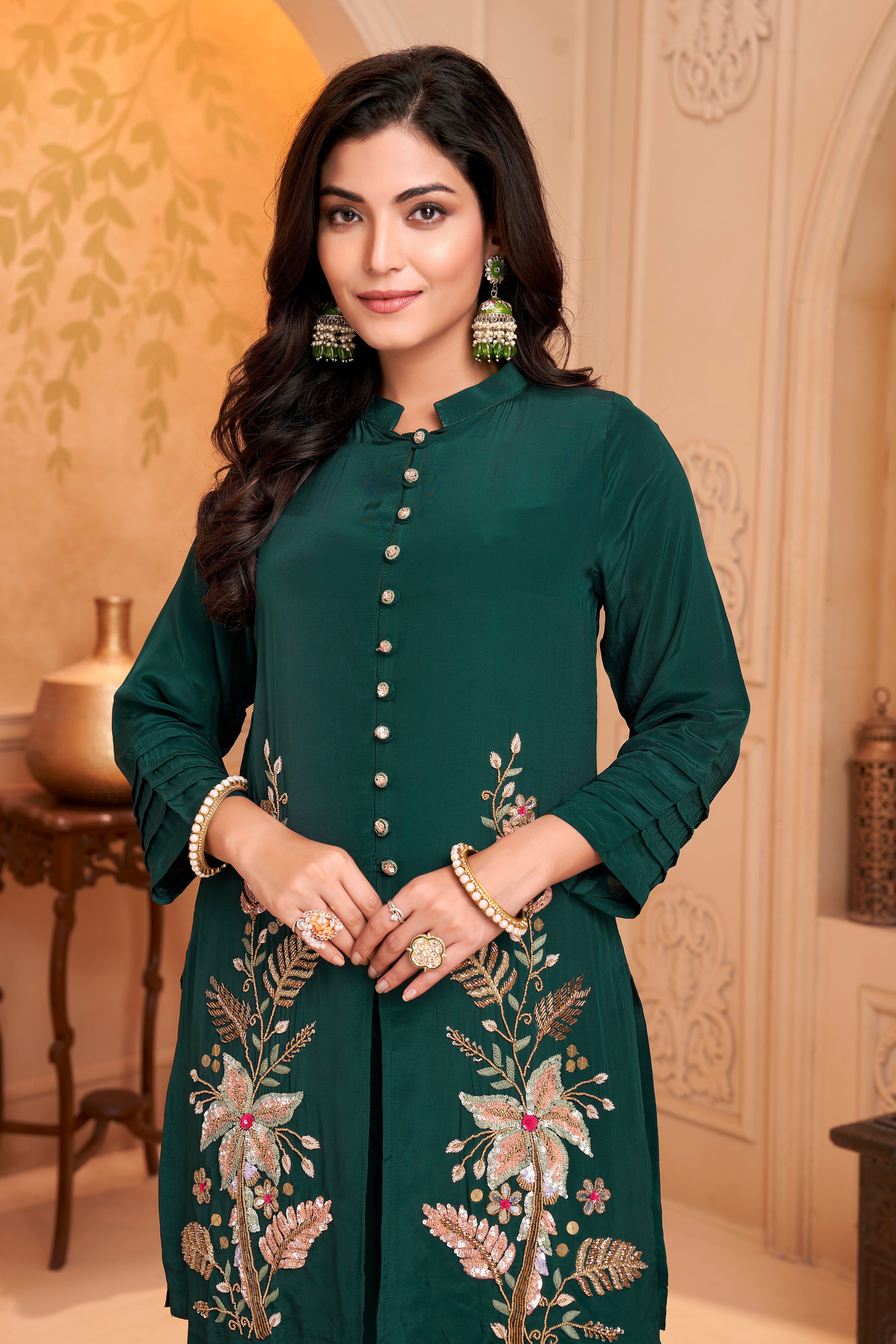 Forest Green Embellished Crepe Silk Palazzo Set