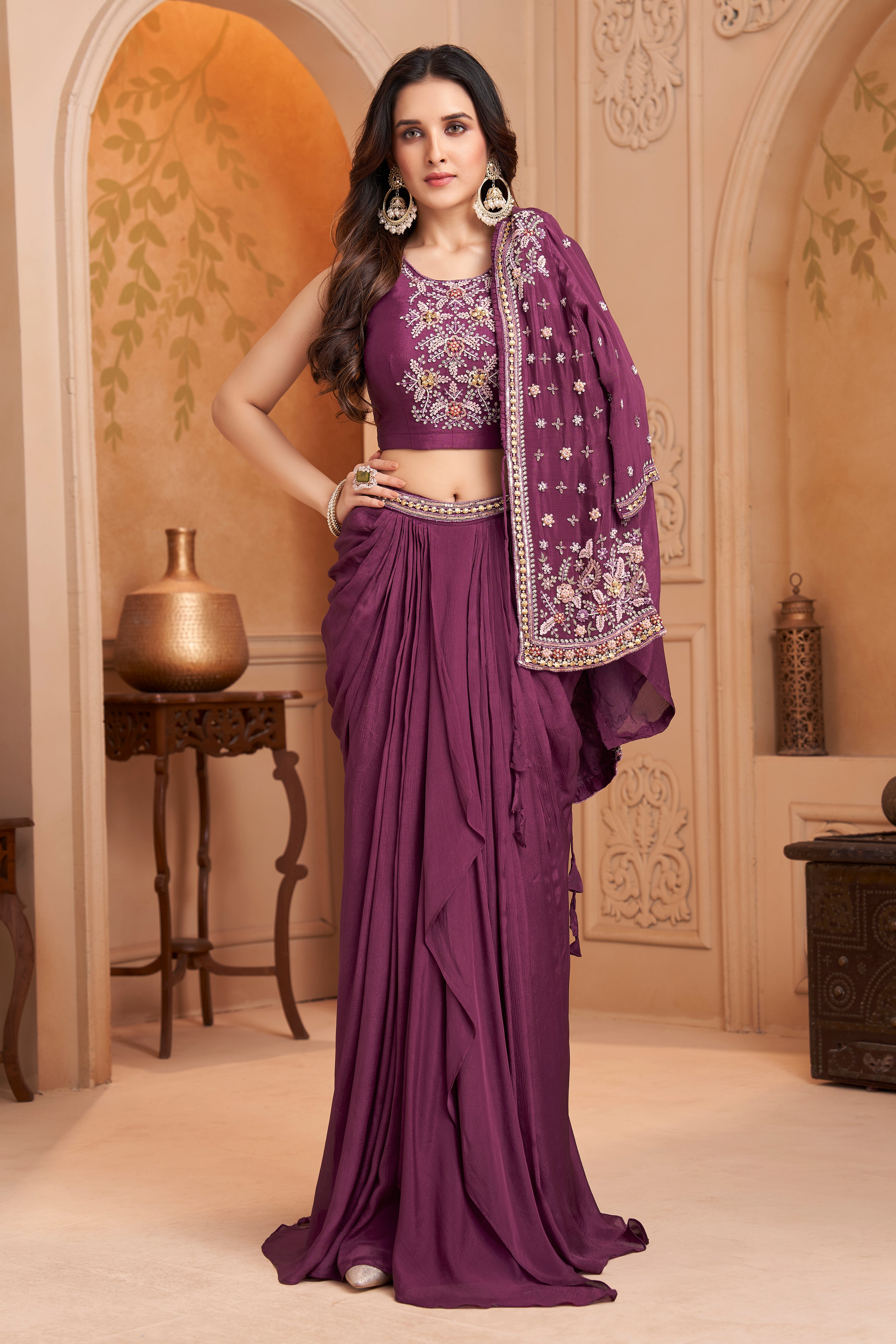 Deep Purple Embellished Chinon Silk Skirt Set