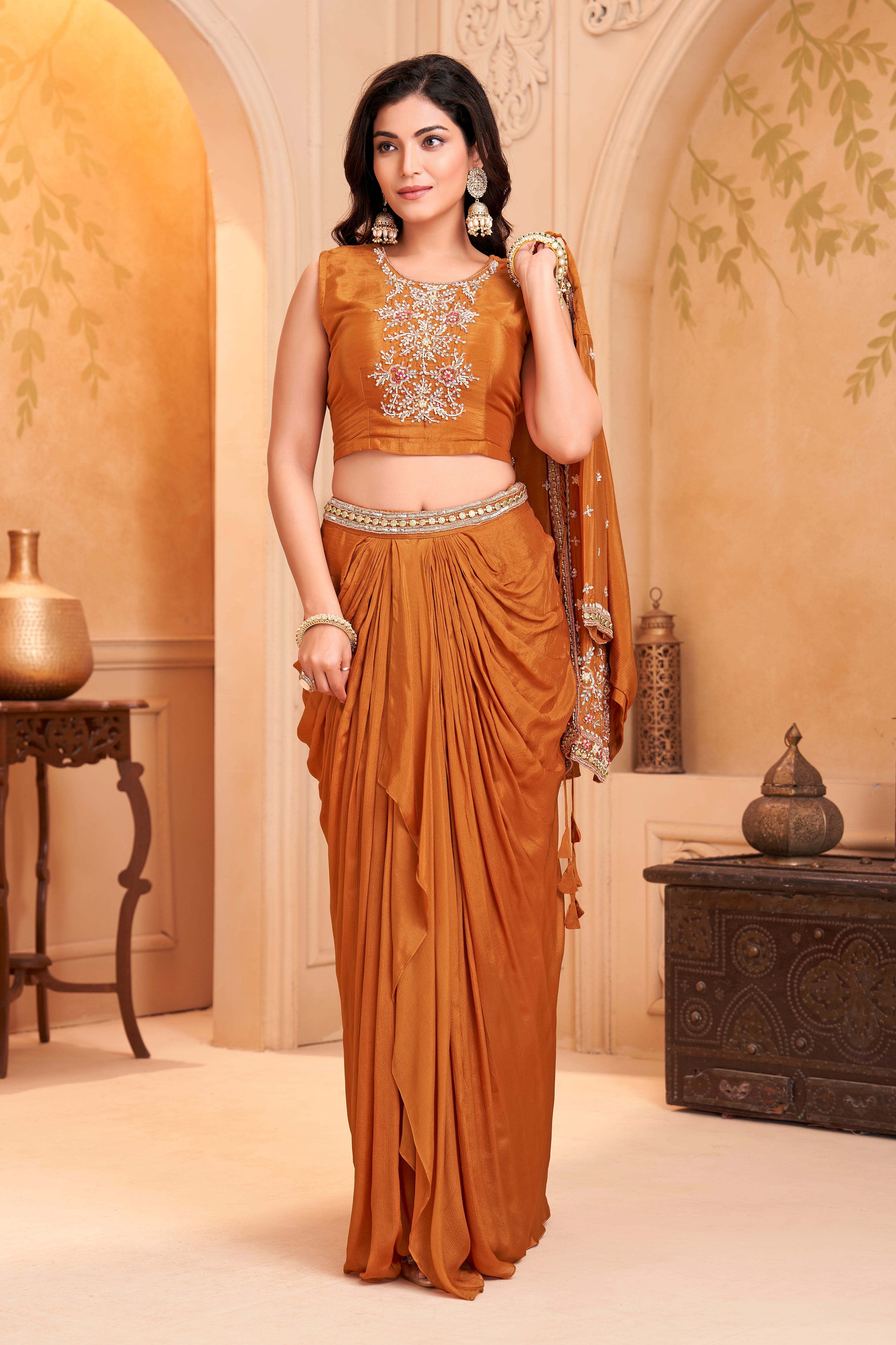 Saffron Orange Embellished Chinon Silk Skirt Set
