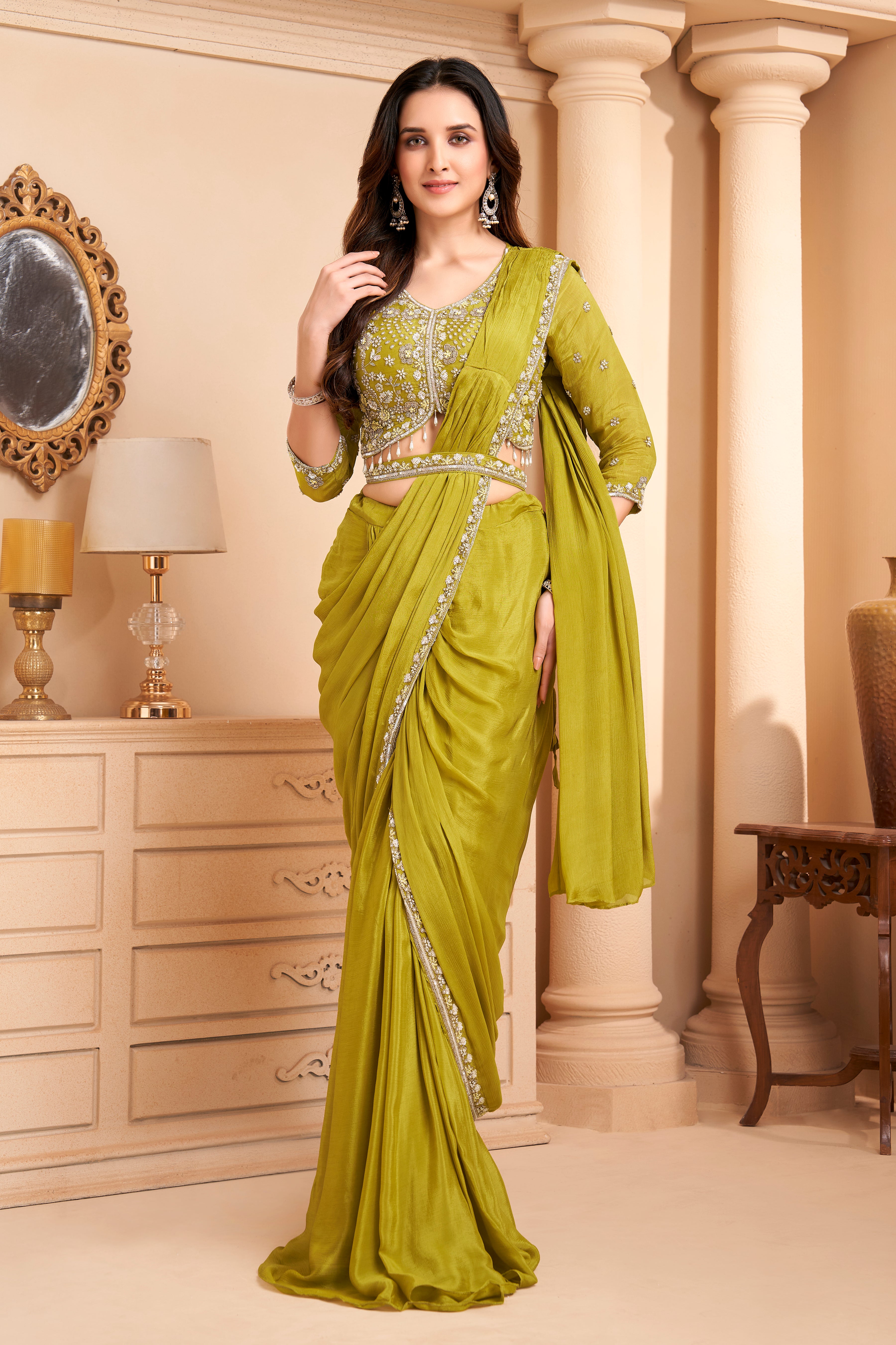 Mustard Green Embellished  Crepe Silk Drape Saree