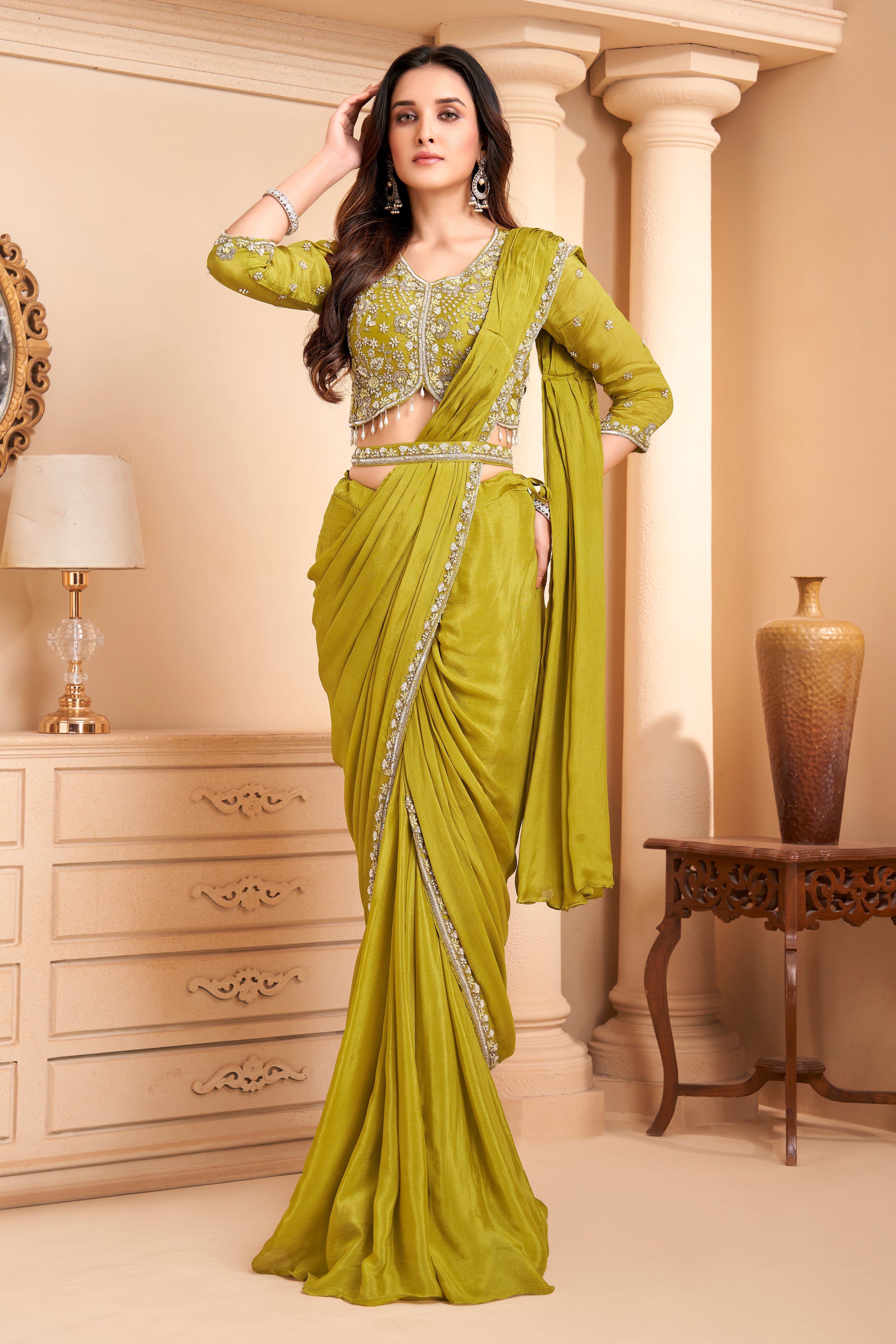Mustard Green Embellished  Crepe Silk Drape Saree