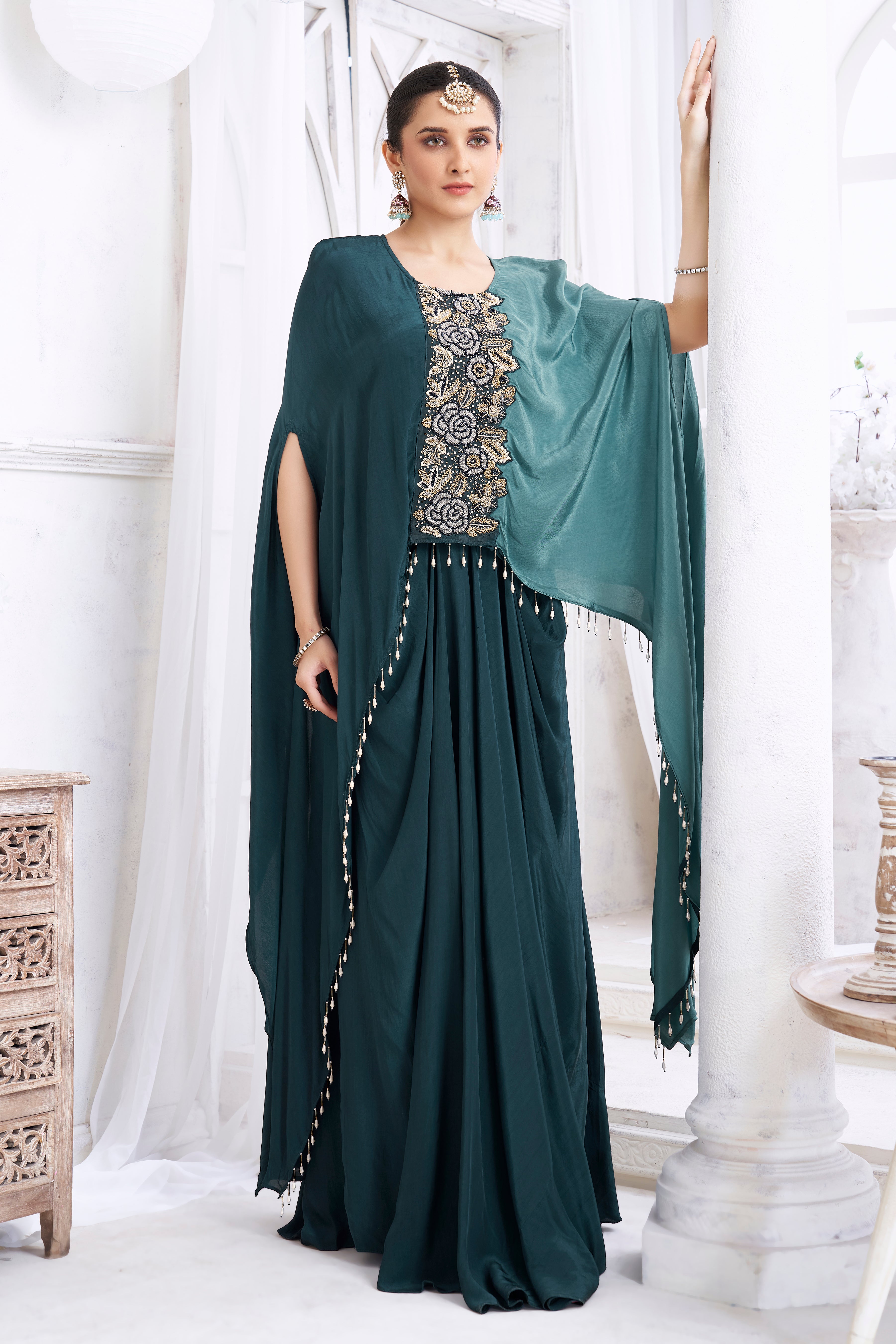 Teal Embellished Crepe Silk Kaftan Set